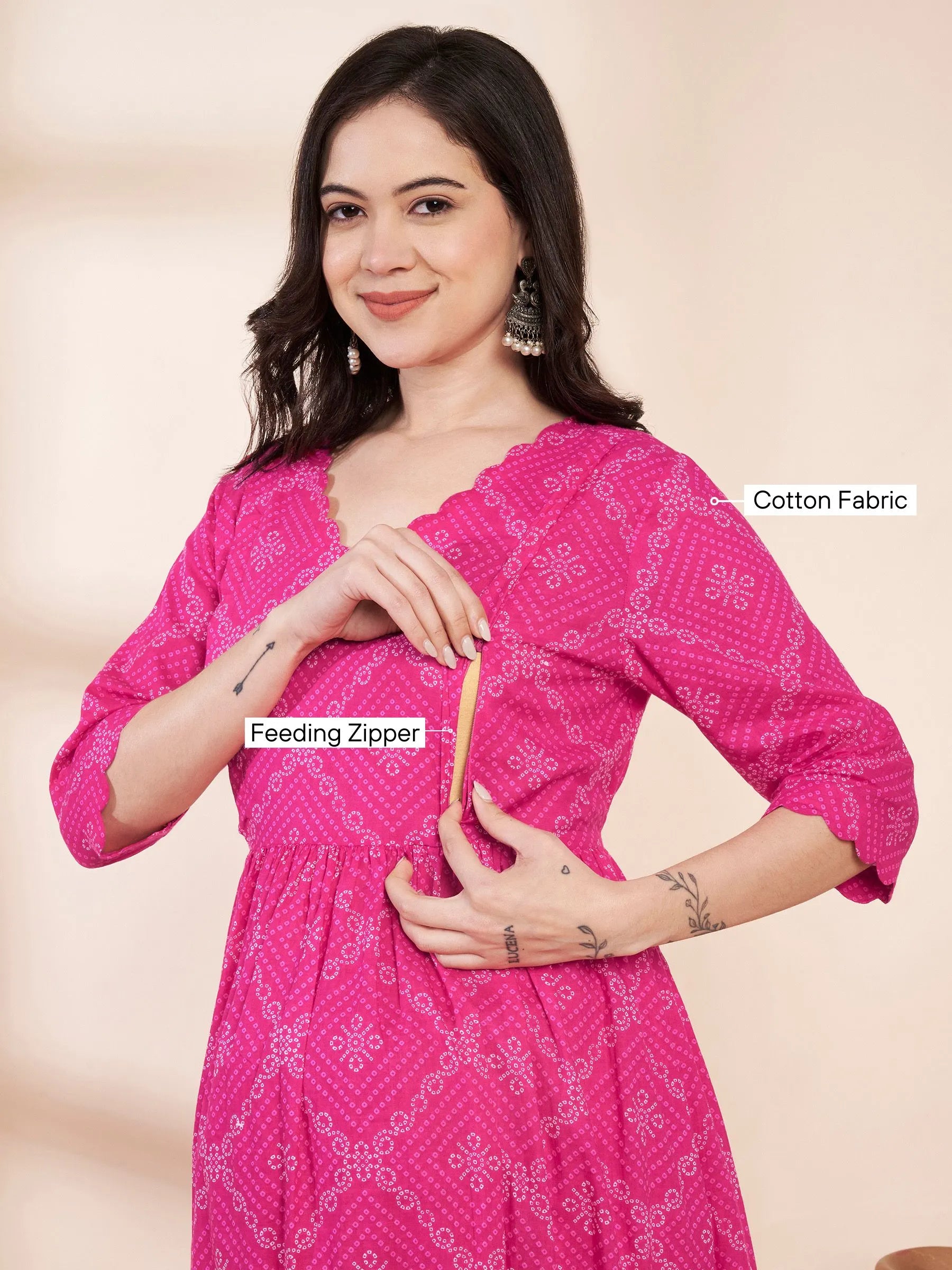 Pink Bandhani Print Cotton Maternity Kurta with Trouser and Dupatta