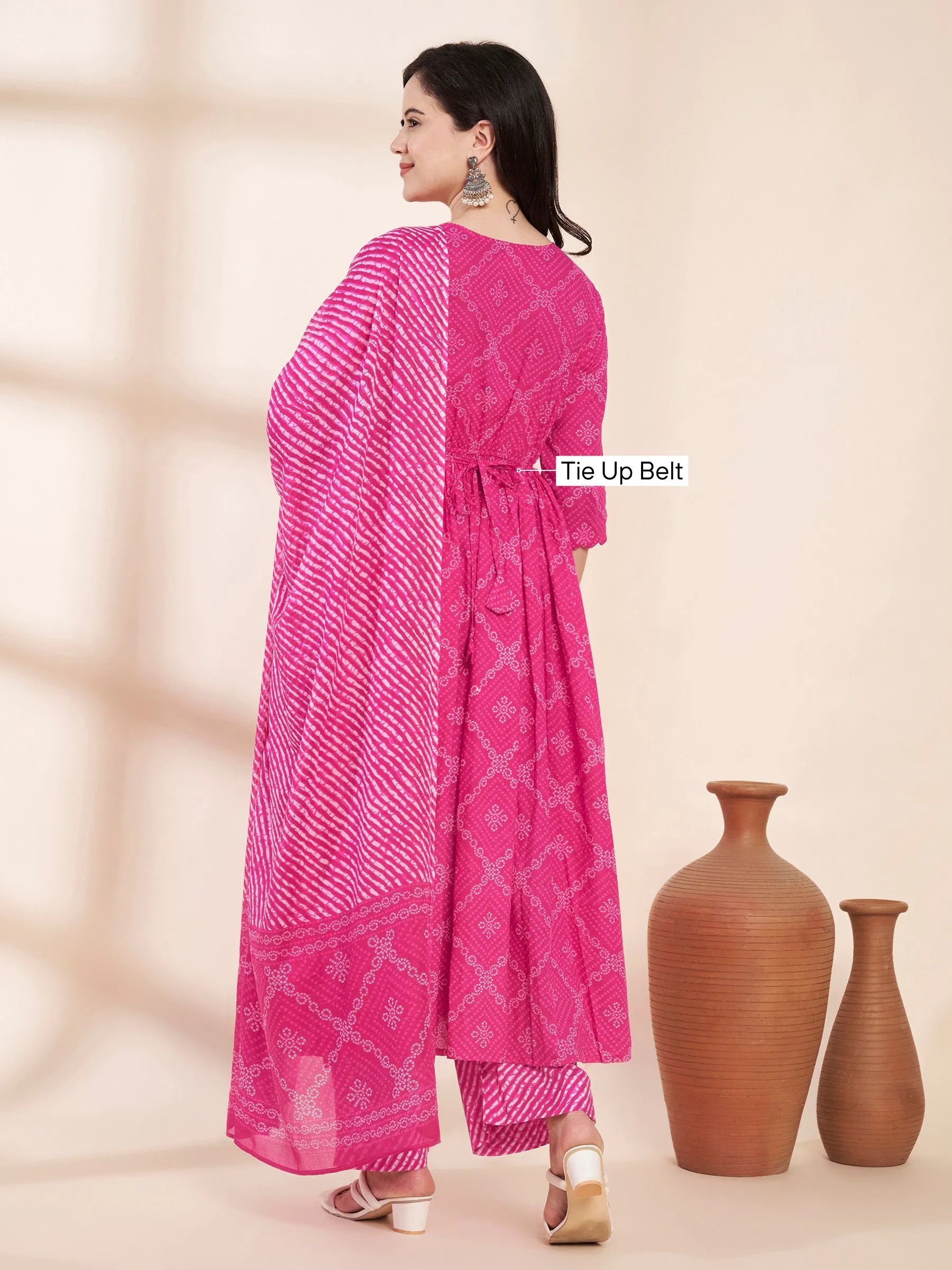 Pink Bandhani Print Cotton Maternity Kurta with Trouser and Dupatta
