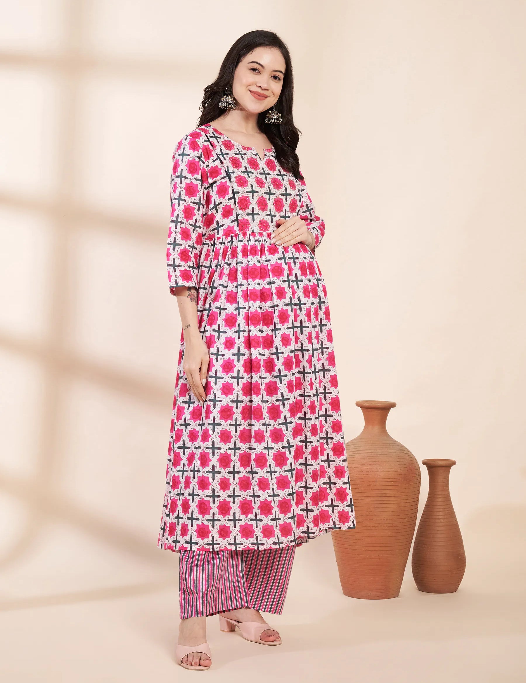 Pink Floral Cotton Hand Embroidery Maternity Kurta with Trouser and Dupatta