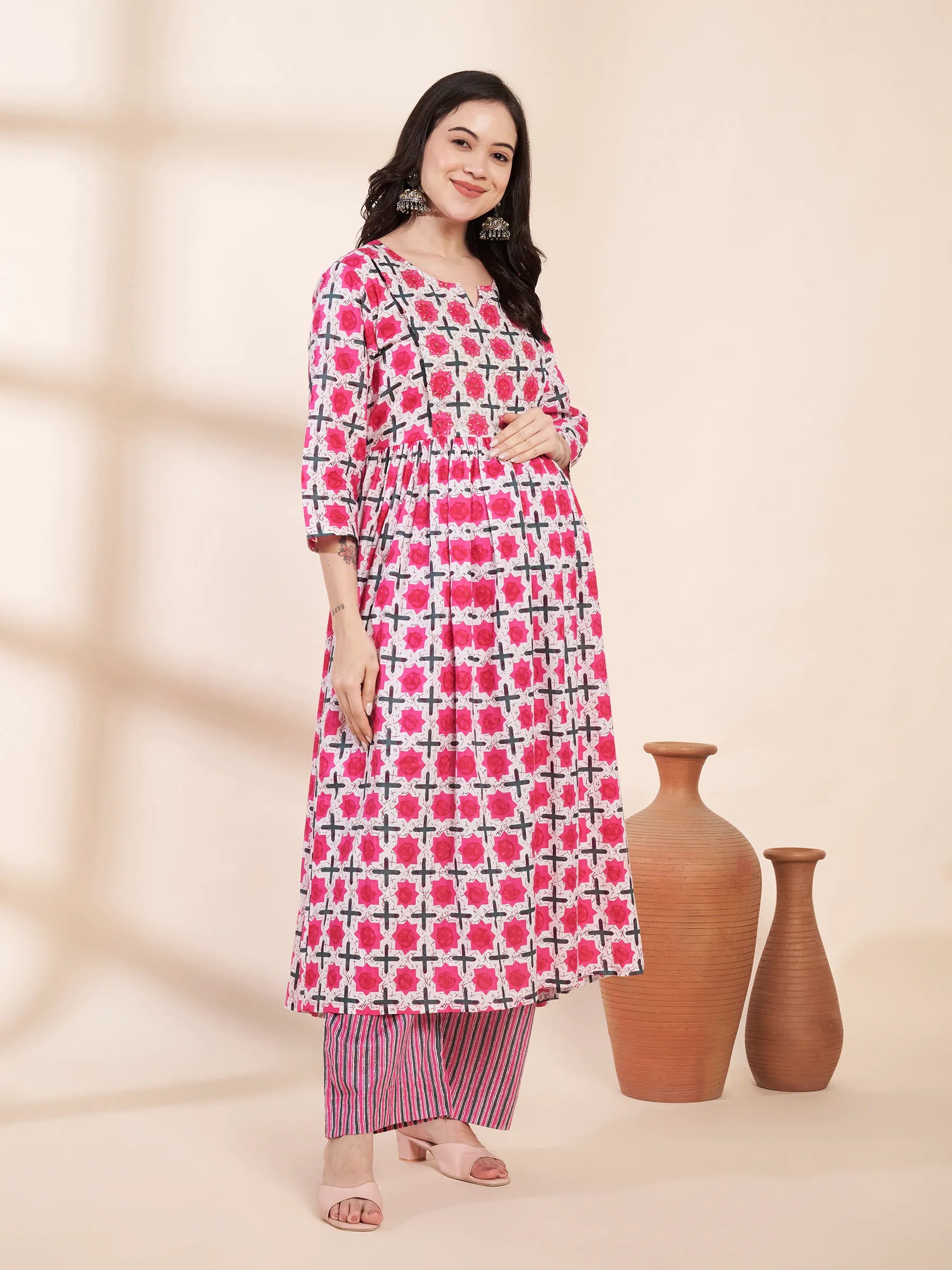 Pink Floral Cotton Hand Embroidery Maternity Kurta with Trouser and Dupatta