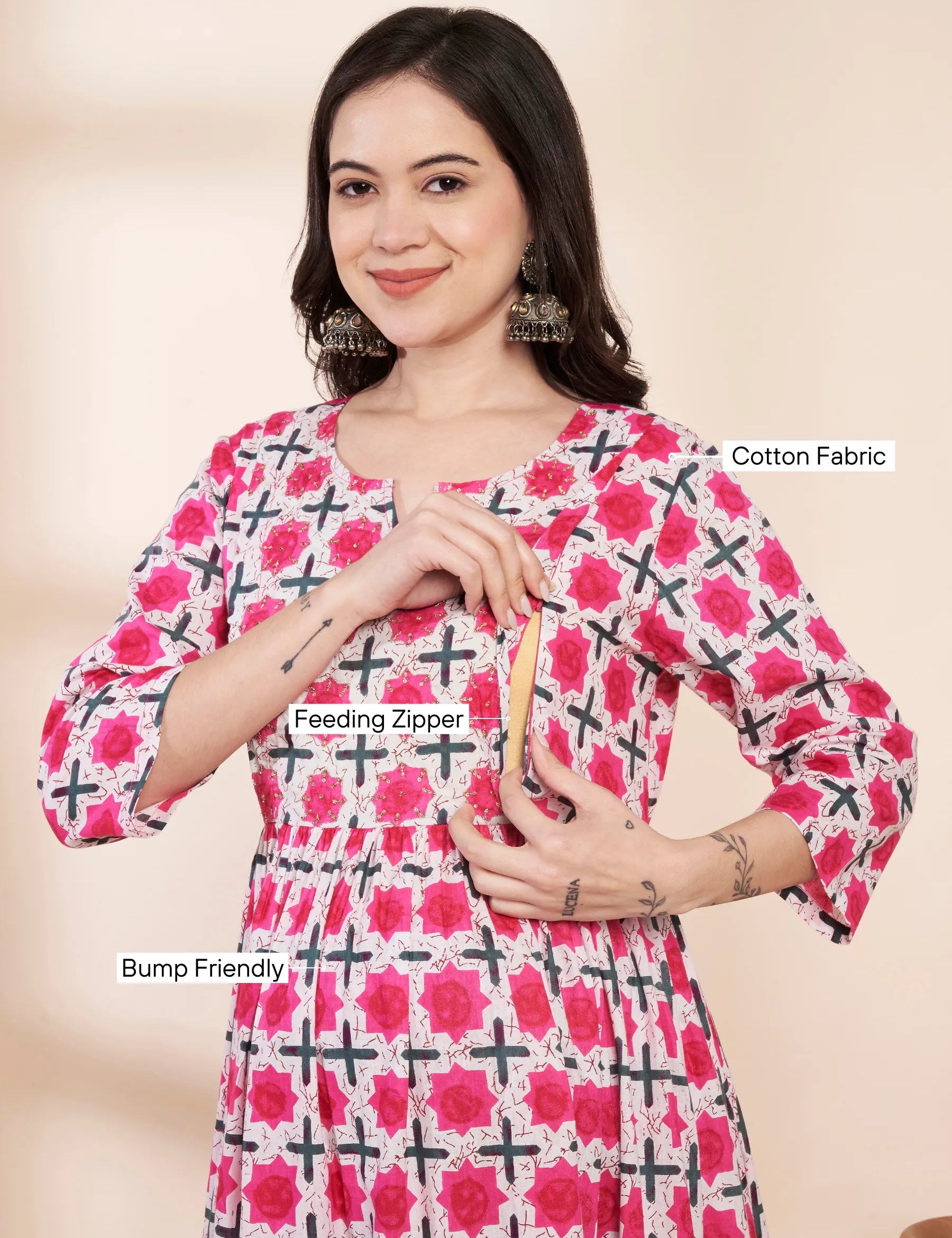 Pink Floral Cotton Hand Embroidery Maternity Kurta with Trouser and Dupatta