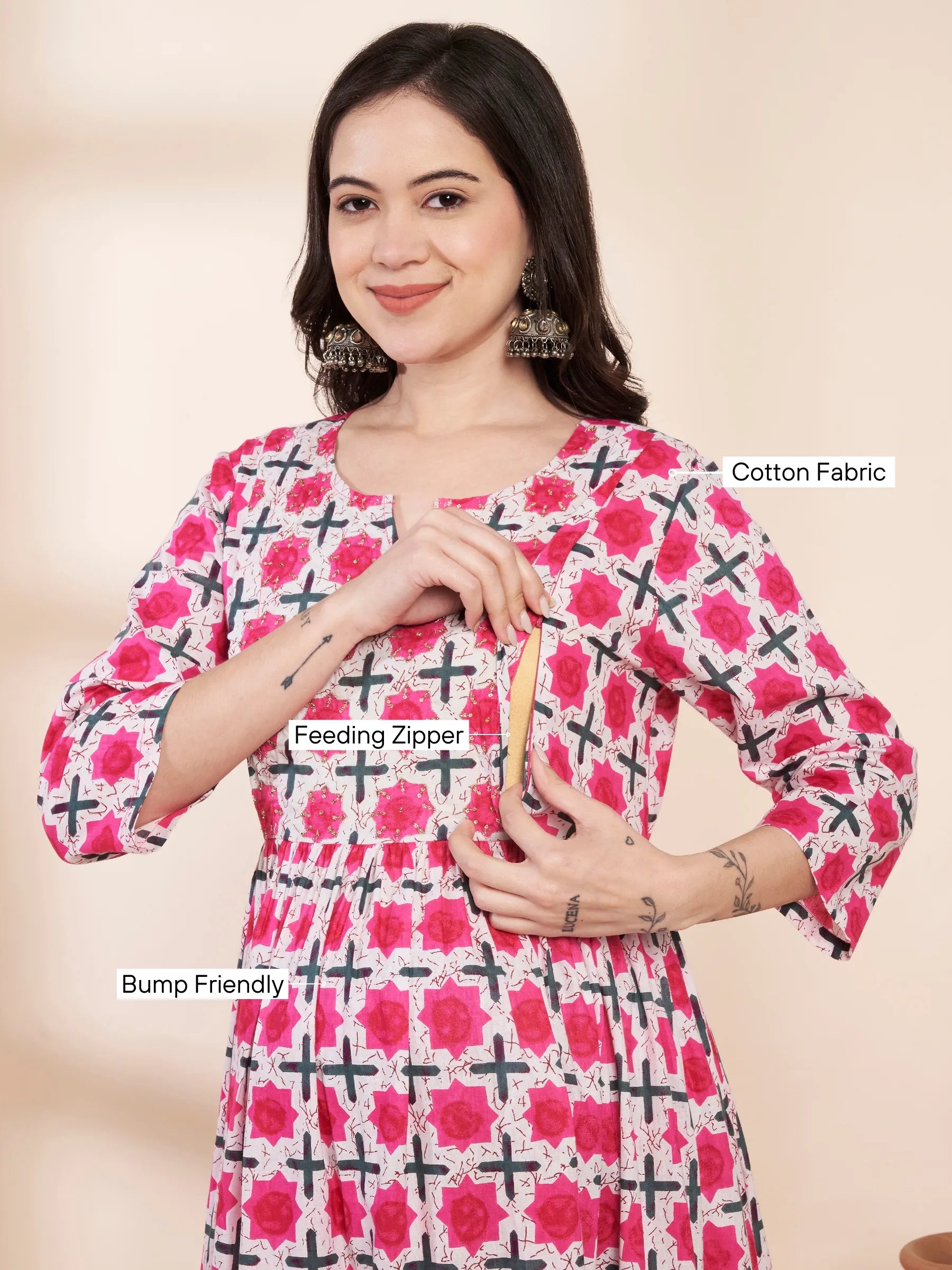Pink Floral Cotton Hand Embroidery Maternity Kurta with Trouser and Dupatta