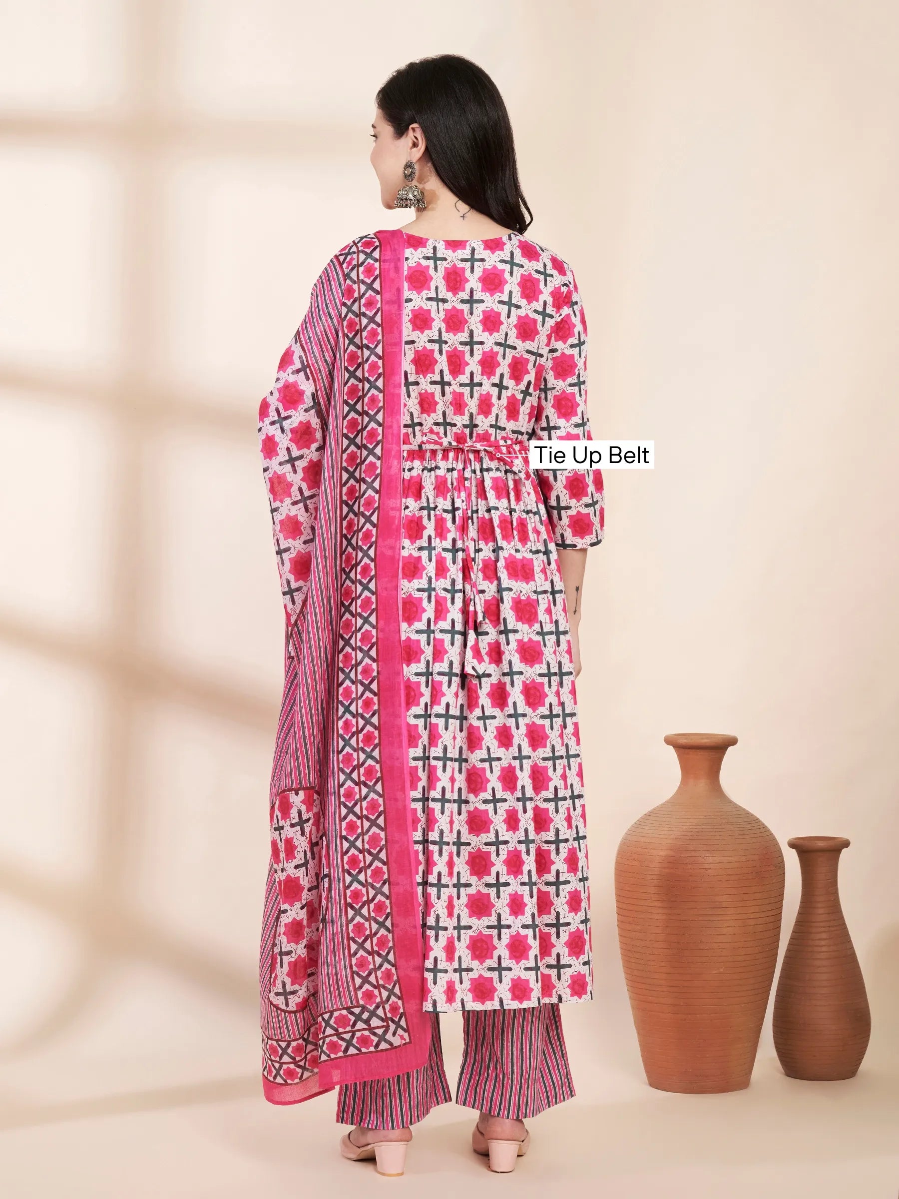 Pink Floral Cotton Hand Embroidery Maternity Kurta with Trouser and Dupatta