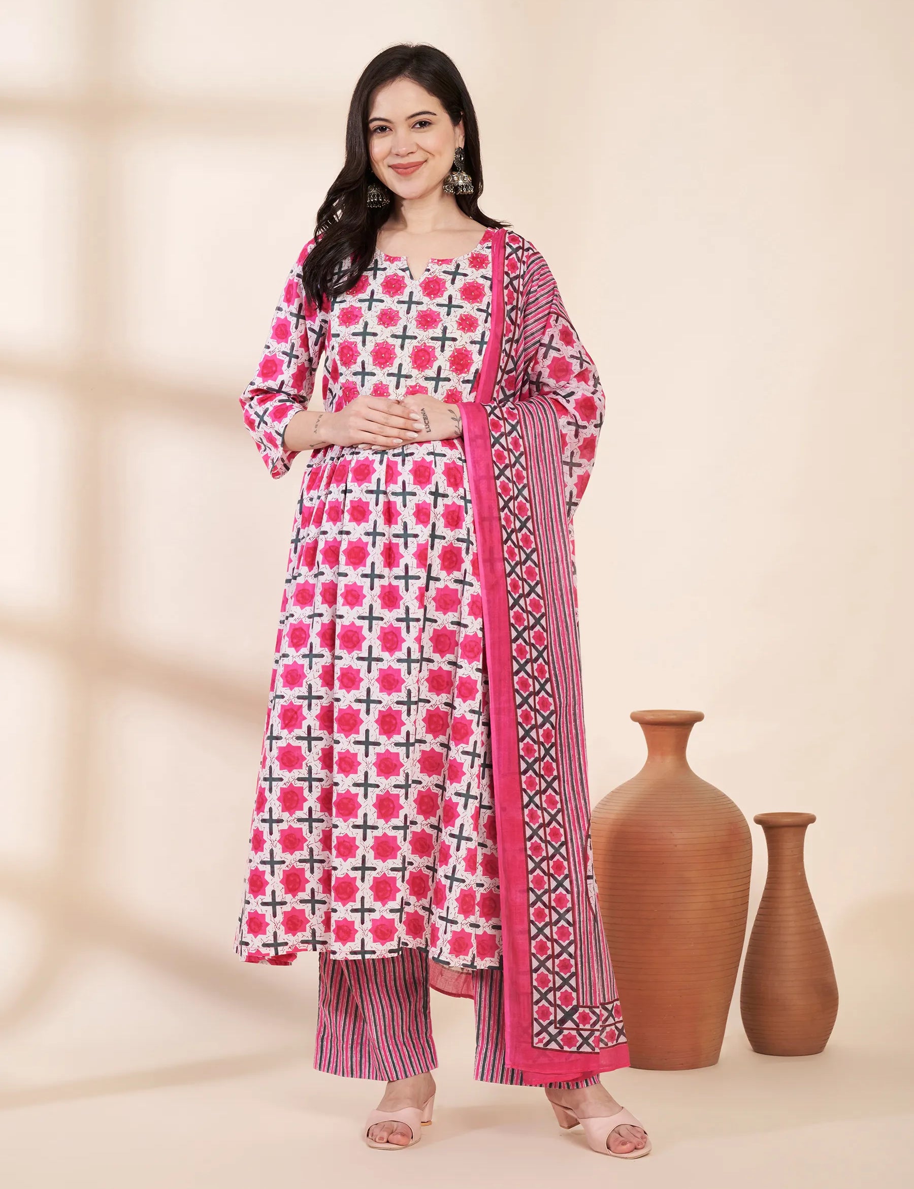 Pink Floral Cotton Hand Embroidery Maternity Kurta with Trouser and Dupatta