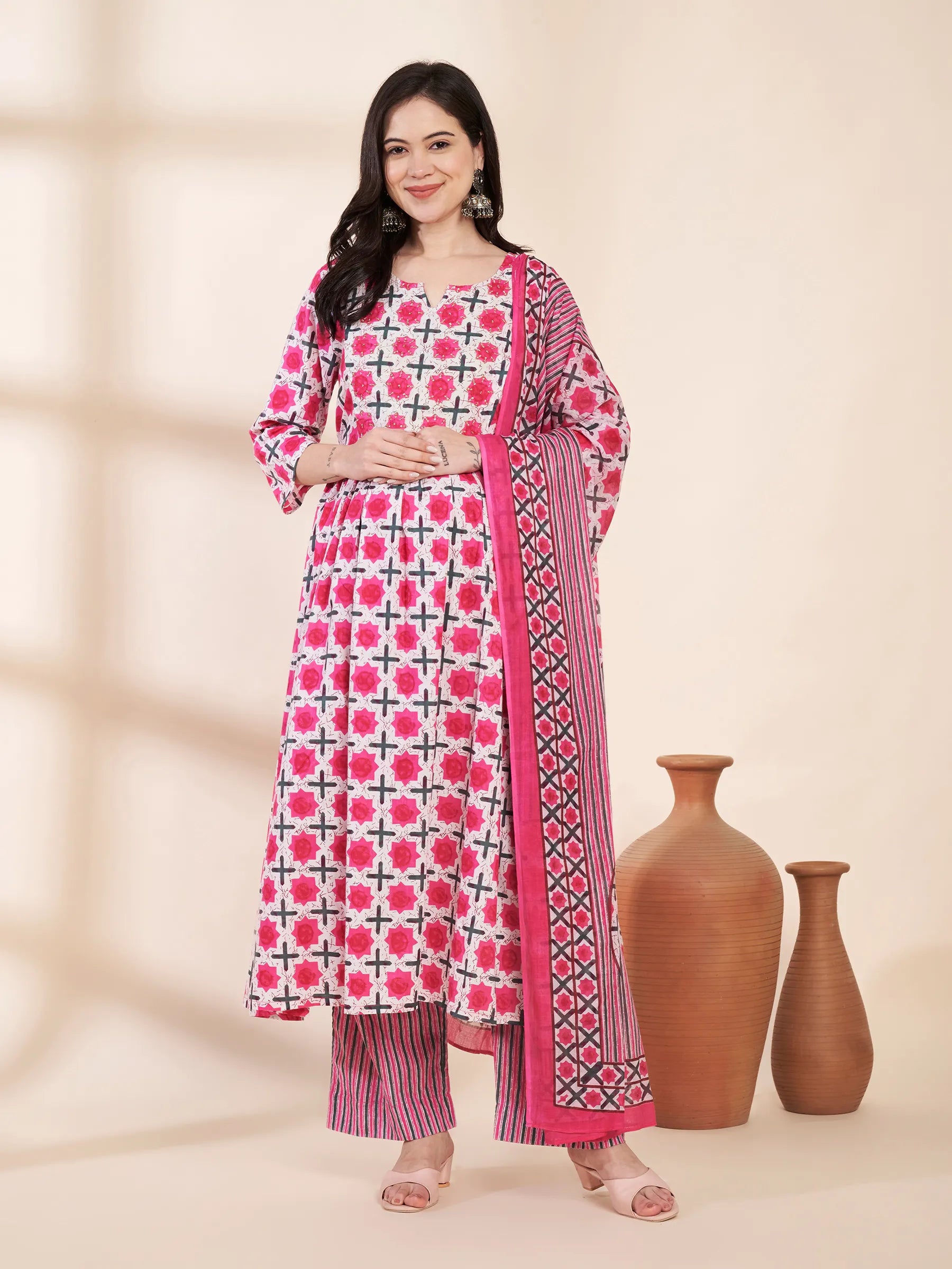 Pink Floral Cotton Hand Embroidery Maternity Kurta with Trouser and Dupatta