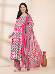 Pink Floral Cotton Hand Embroidery Maternity Kurta with Trouser and Dupatta