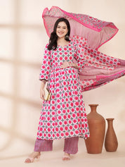 Pink Floral Cotton Hand Embroidery Maternity Kurta with Trouser and Dupatta