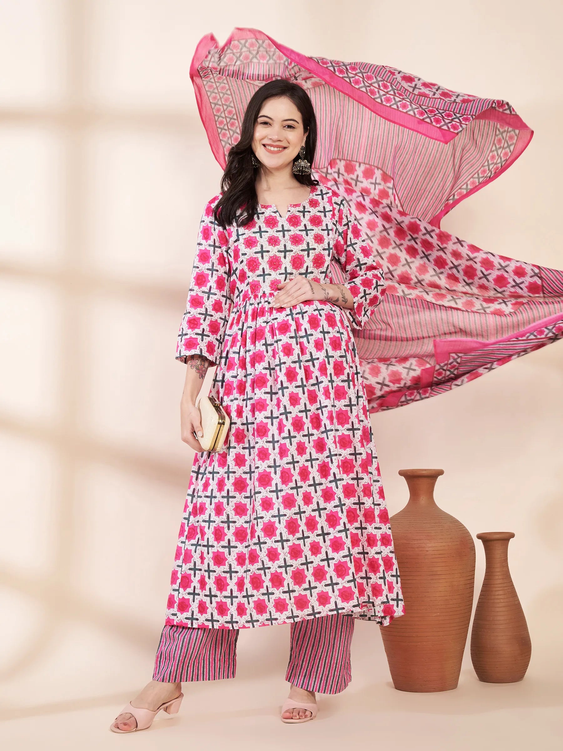 Pink Floral Cotton Hand Embroidery Maternity Kurta with Trouser and Dupatta