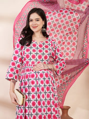 Pink Floral Cotton Hand Embroidery Maternity Kurta with Trouser and Dupatta