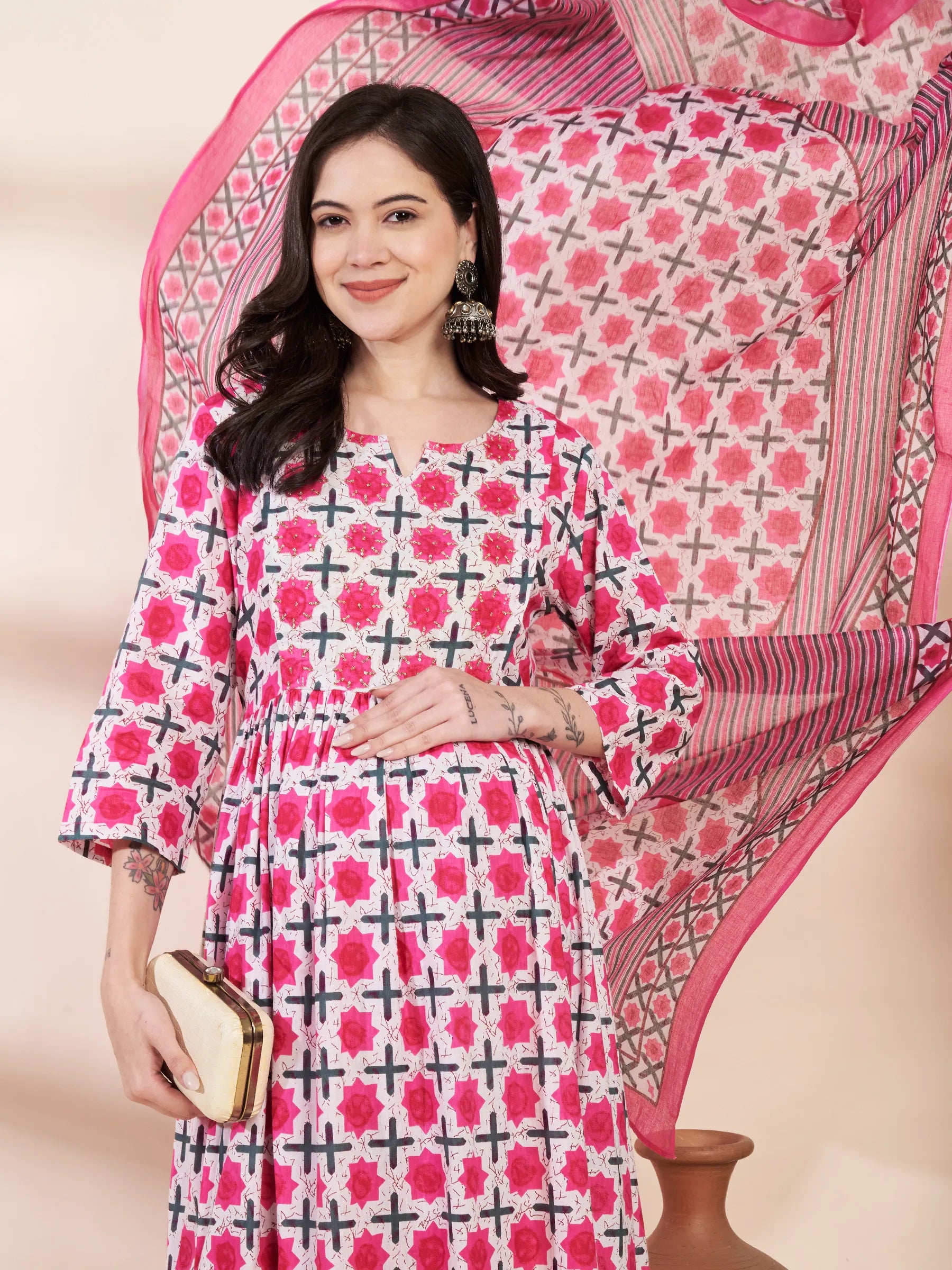 Pink Floral Cotton Hand Embroidery Maternity Kurta with Trouser and Dupatta