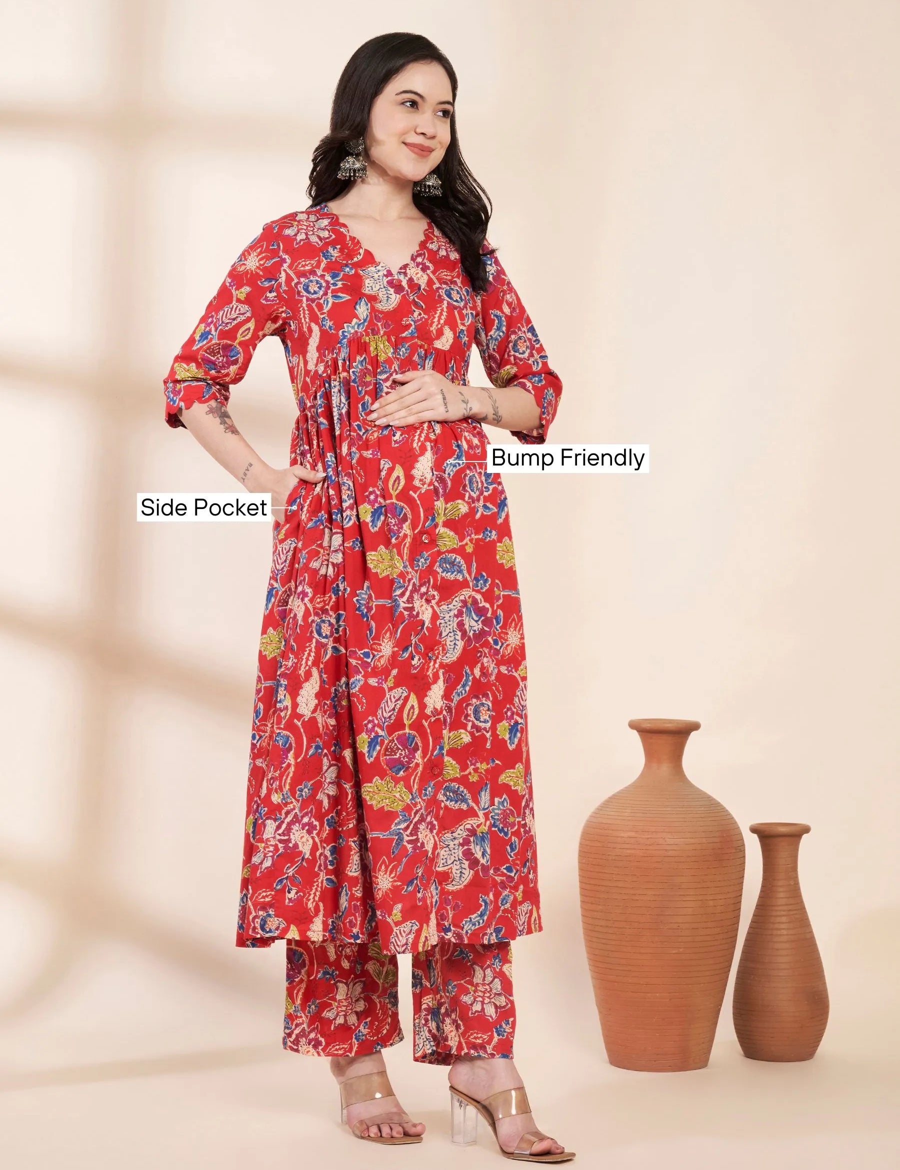 Red Floral Cotton Maternity Kurta with Trouser and Dupatta