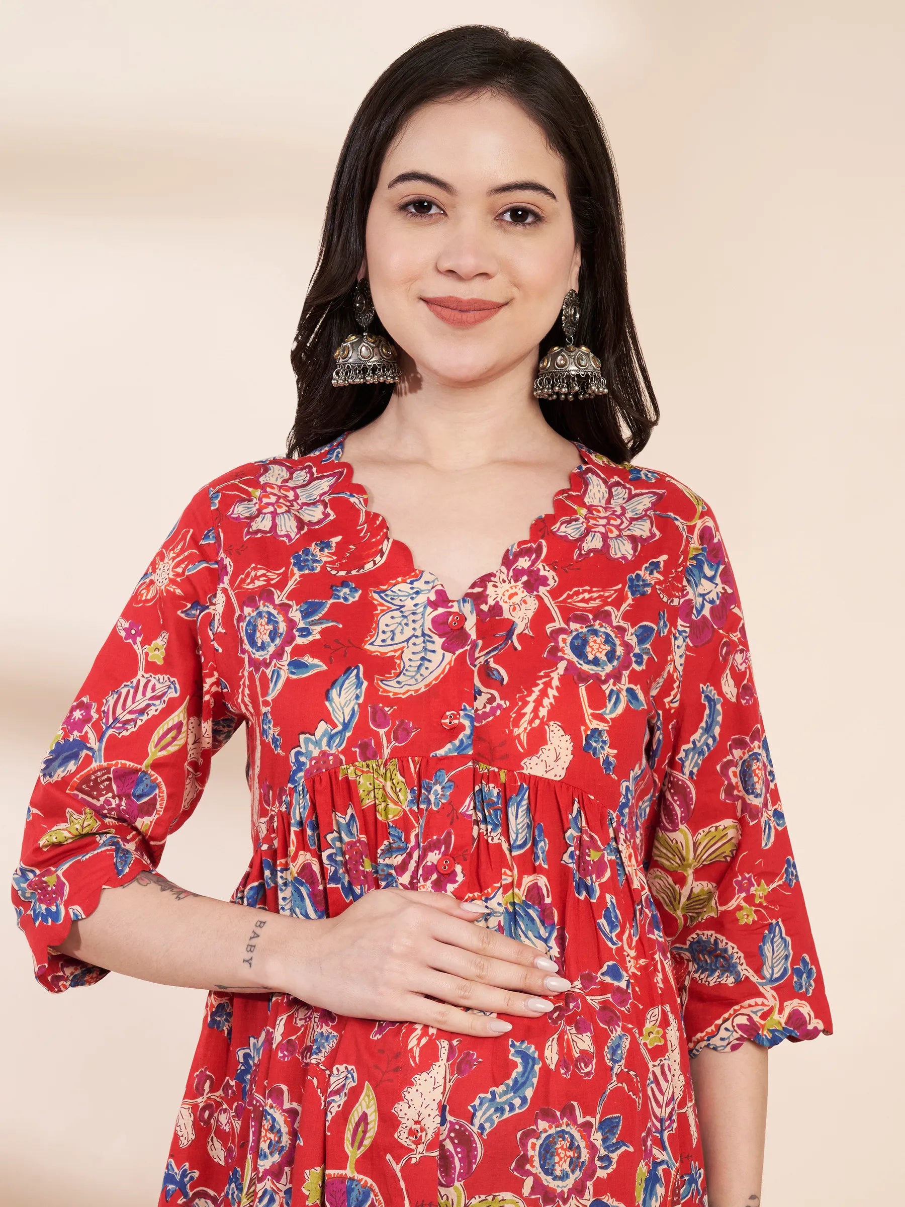 Red Floral Cotton Maternity Kurta with Trouser and Dupatta