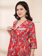 Red Floral Cotton Maternity Kurta with Trouser and Dupatta