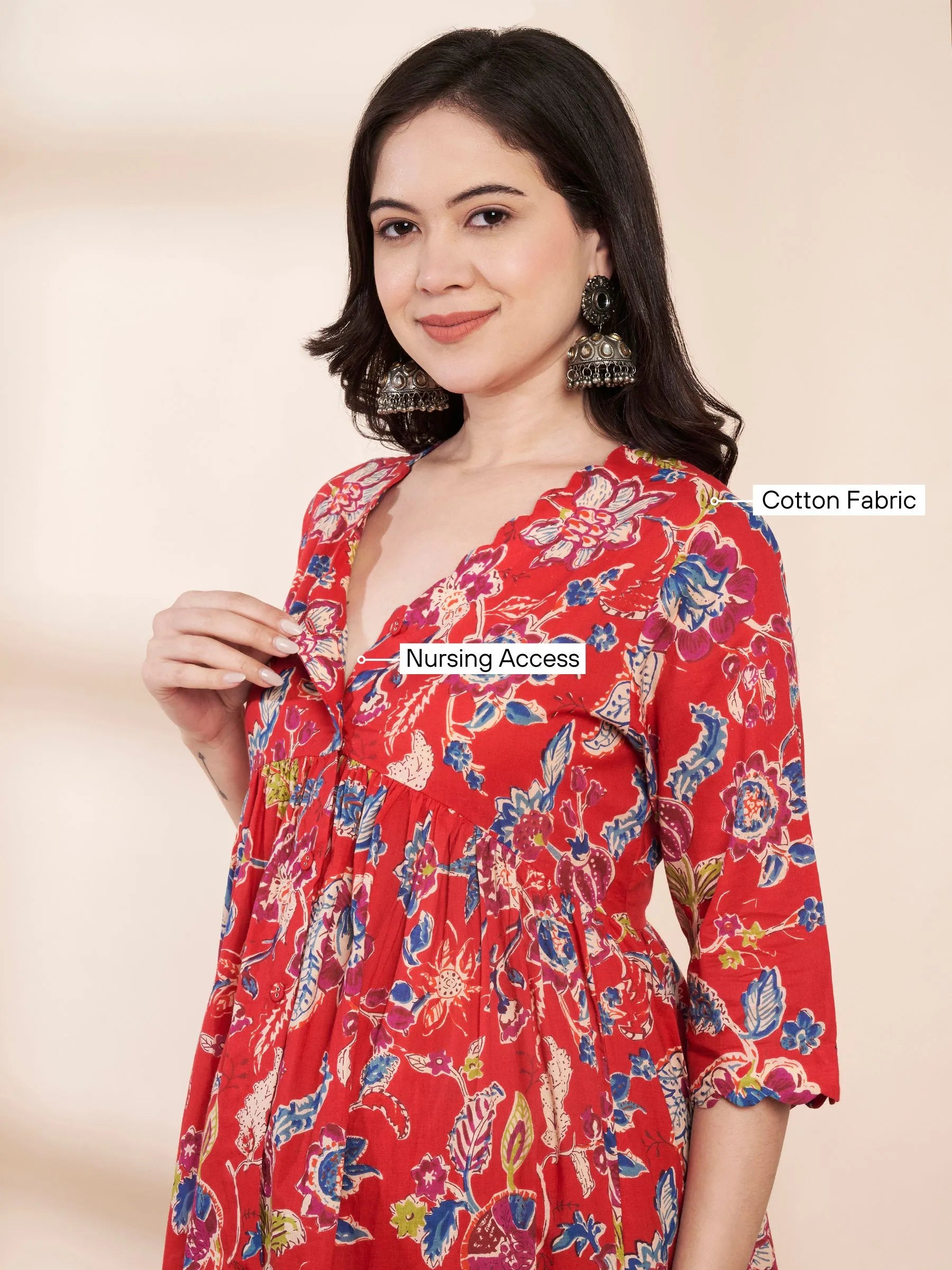 Red Floral Cotton Maternity Kurta with Trouser and Dupatta