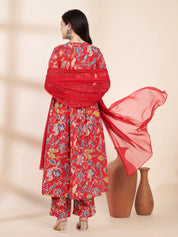 Red Floral Cotton Maternity Kurta with Trouser and Dupatta
