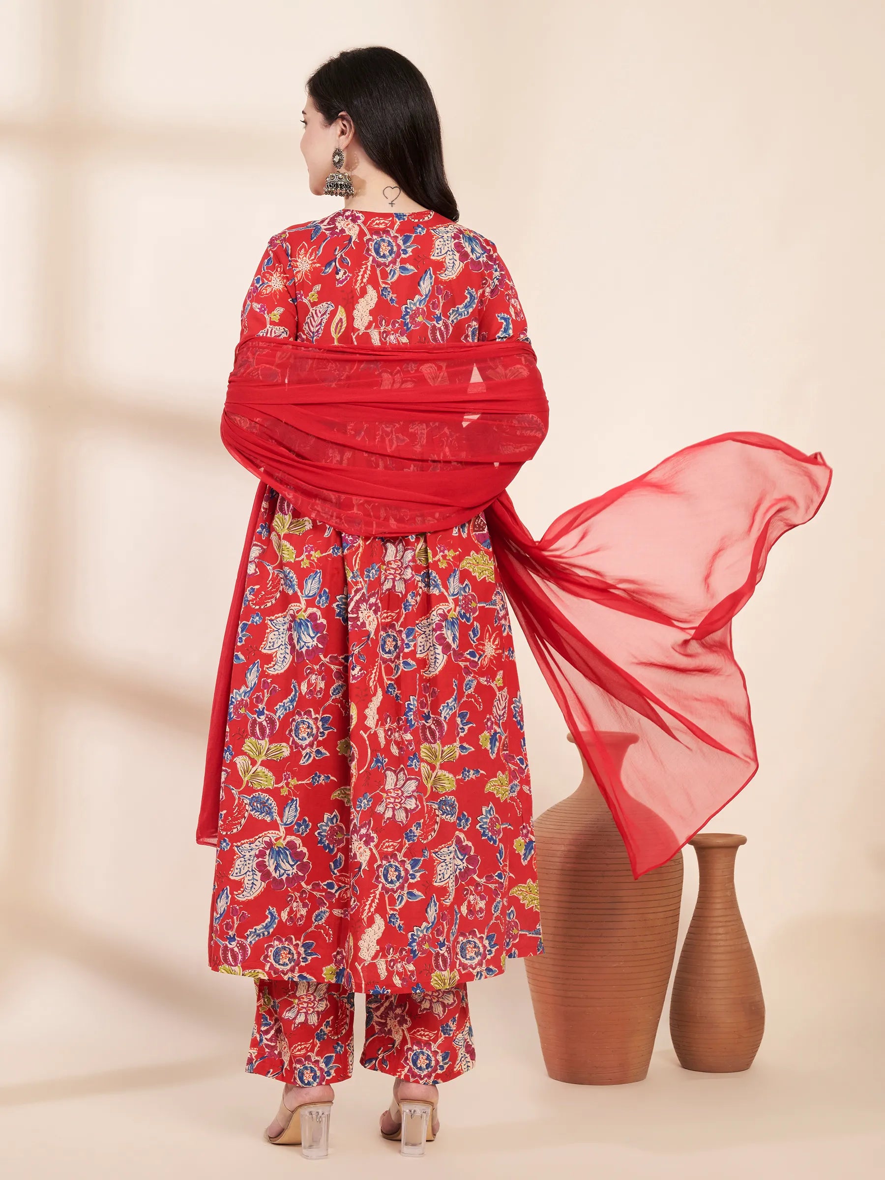 Red Floral Cotton Maternity Kurta with Trouser and Dupatta