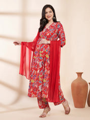 Red Floral Cotton Maternity Kurta with Trouser and Dupatta