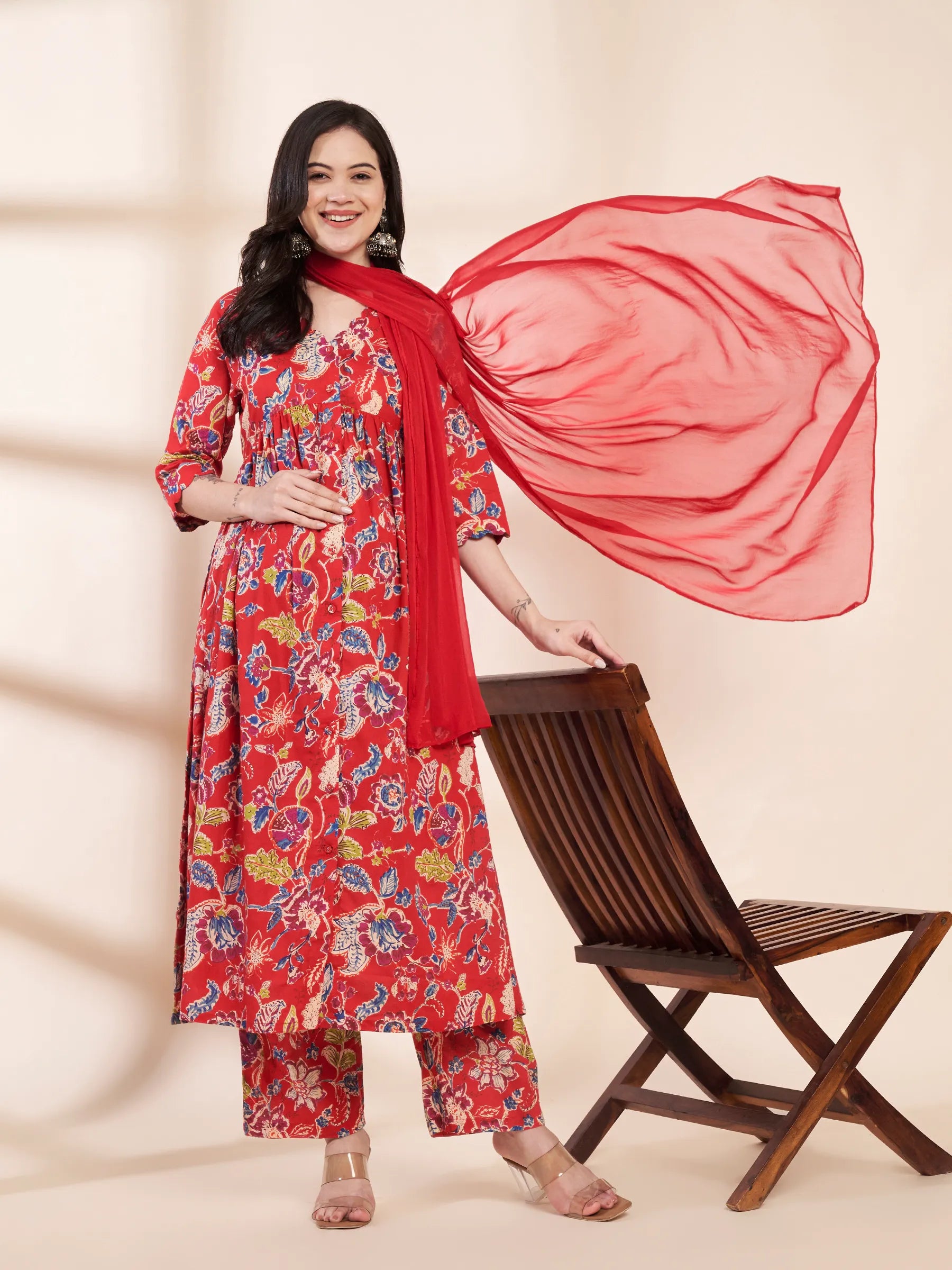 Red Floral Cotton Maternity Kurta with Trouser and Dupatta