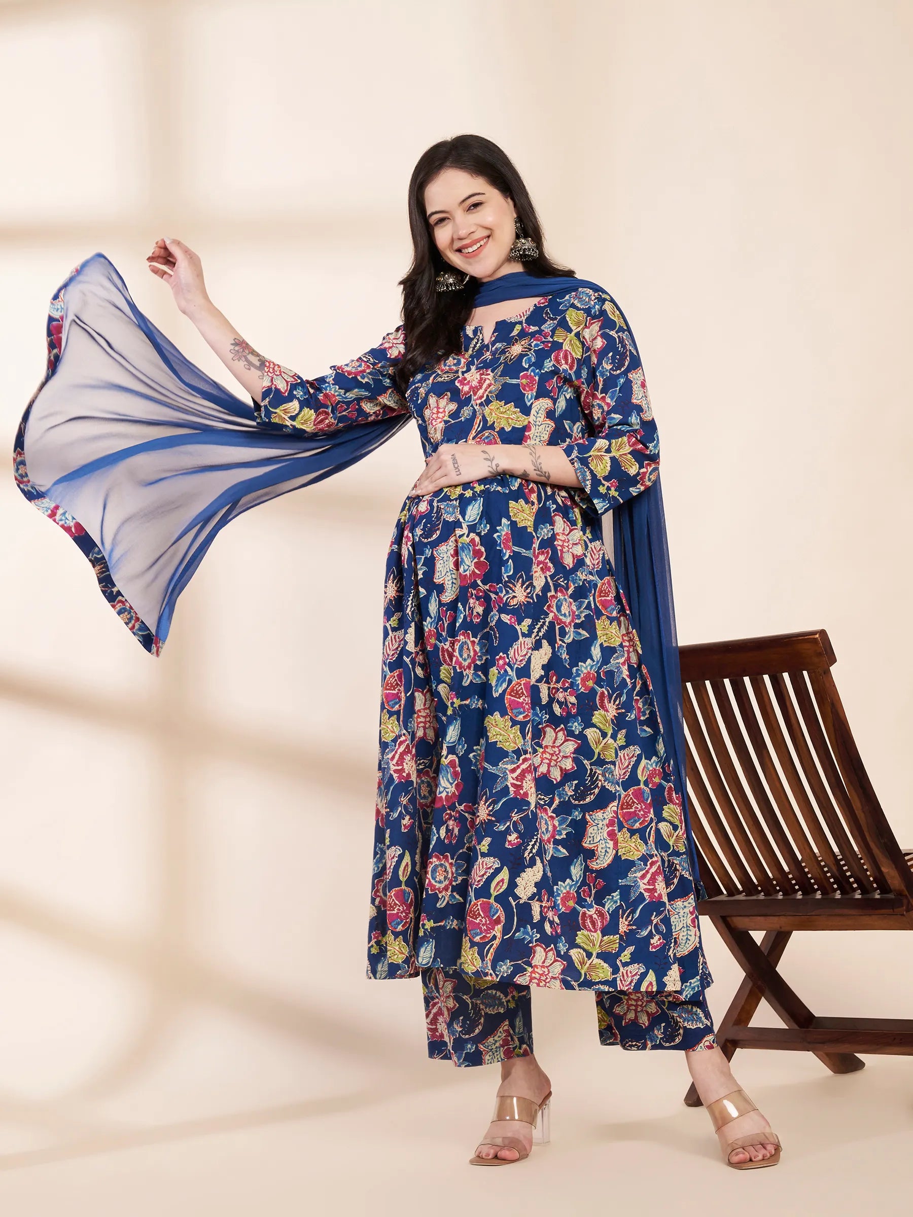 Blue Floral Cotton Hand Embroidery Maternity Kurta with Trouser and Dupatta