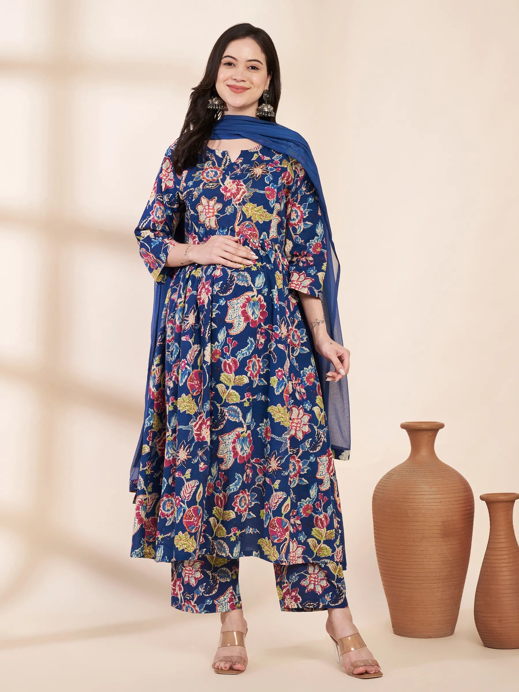 Blue Floral Cotton Hand Embroidery Maternity Kurta with Trouser and Dupatta