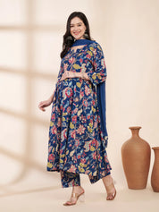 Blue Floral Cotton Hand Embroidery Maternity Kurta with Trouser and Dupatta