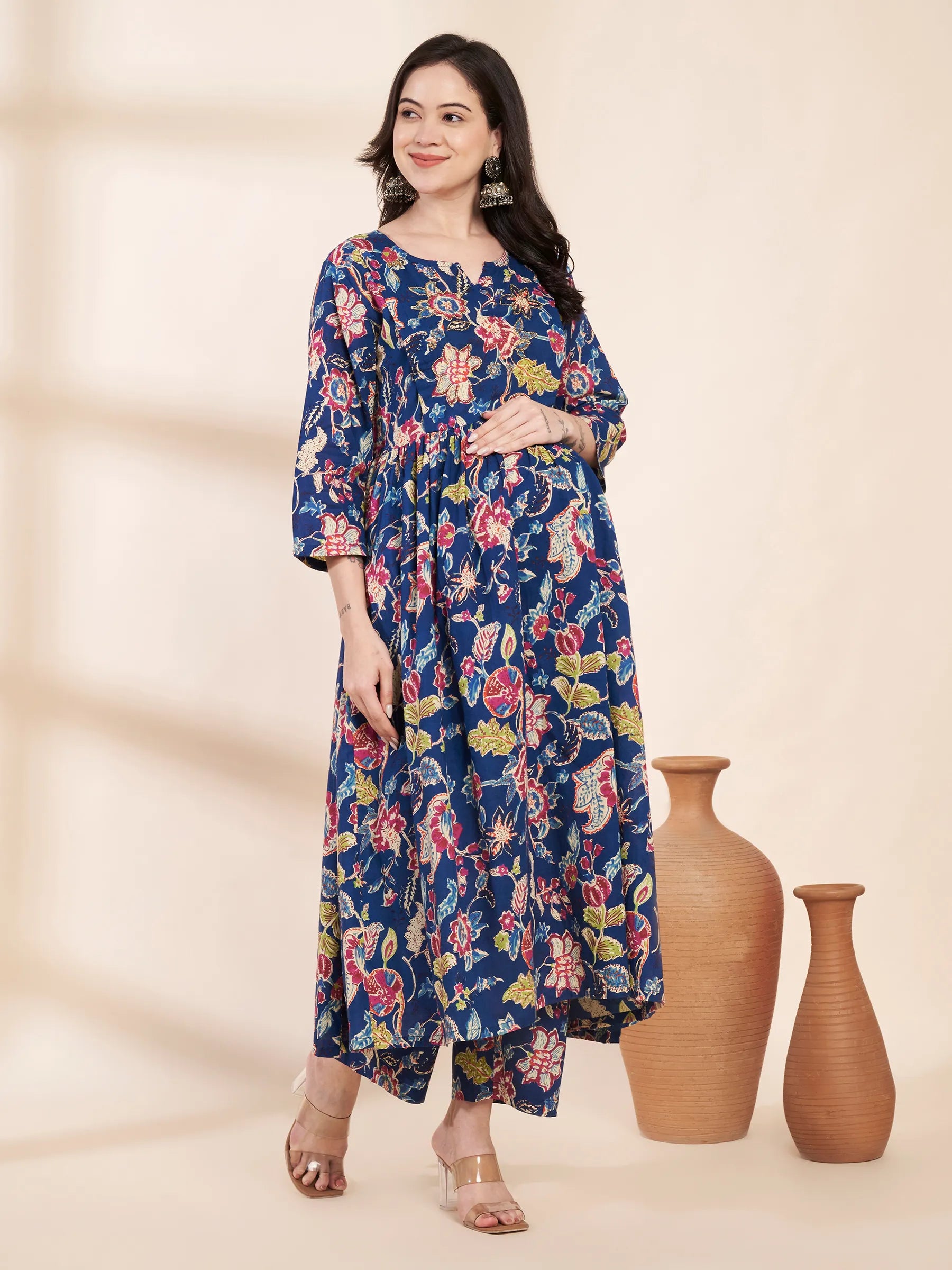 Blue Floral Cotton Hand Embroidery Maternity Kurta with Trouser and Dupatta