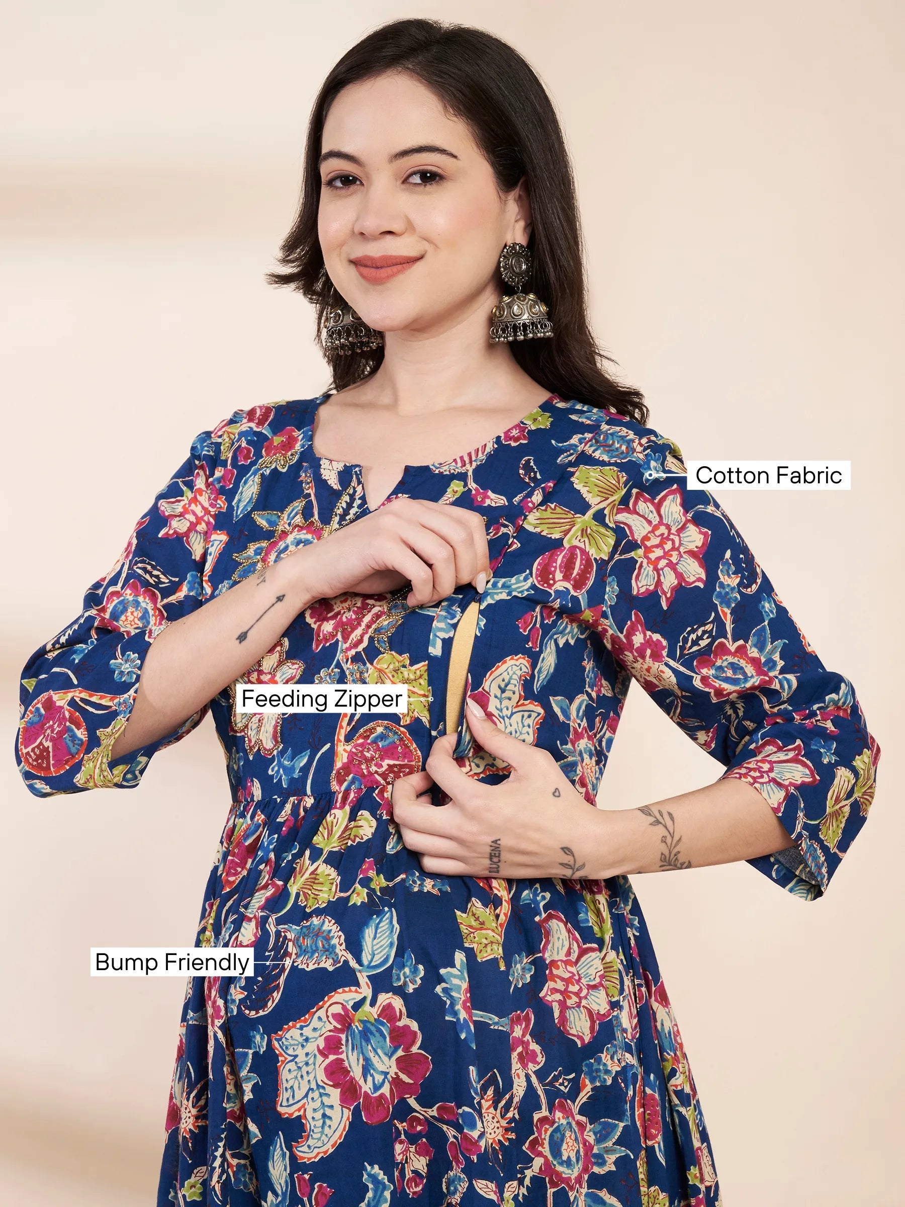 Blue Floral Cotton Hand Embroidery Maternity Kurta with Trouser and Dupatta