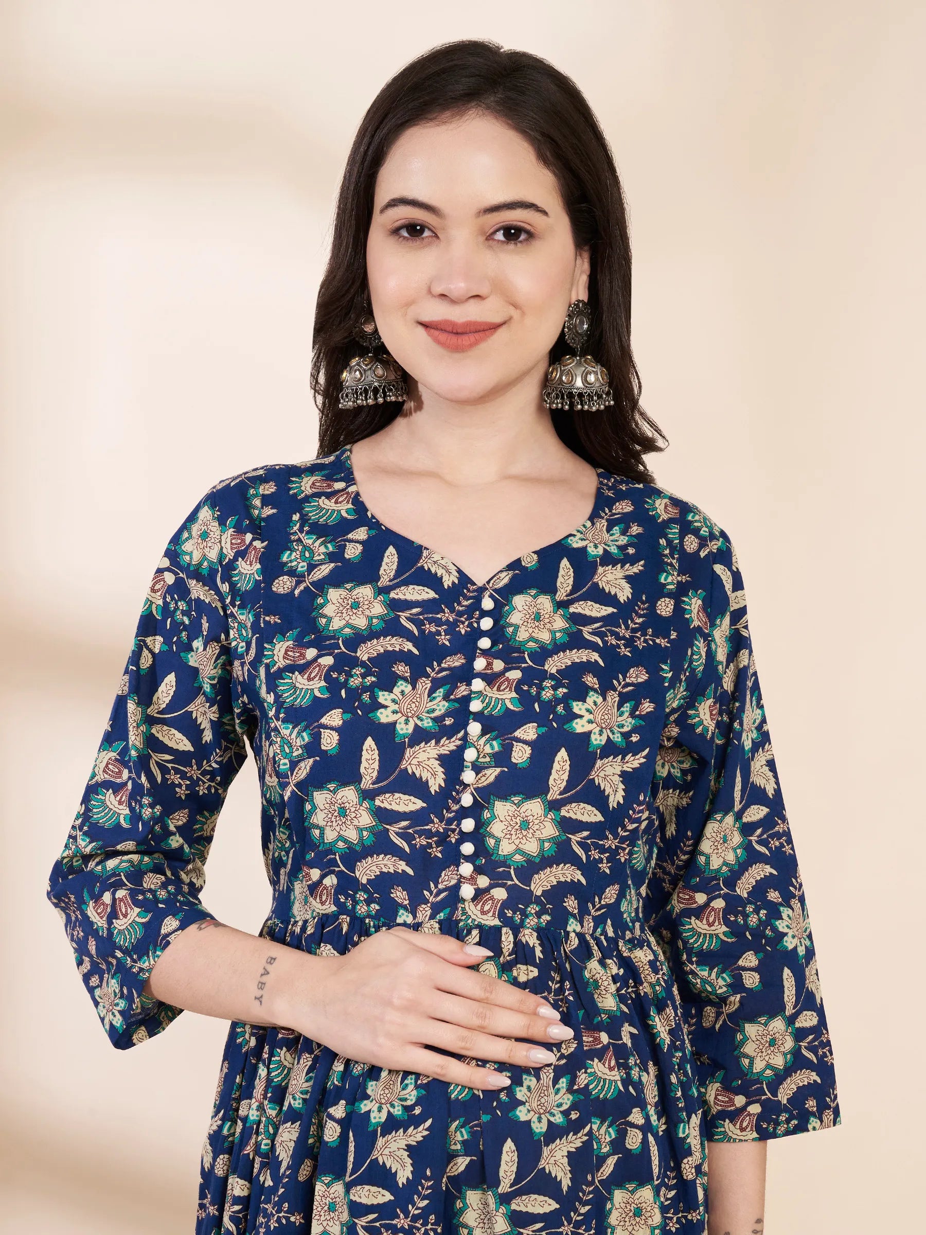Blue Floral Cotton Maternity Kurta with Trouser and Dupatta