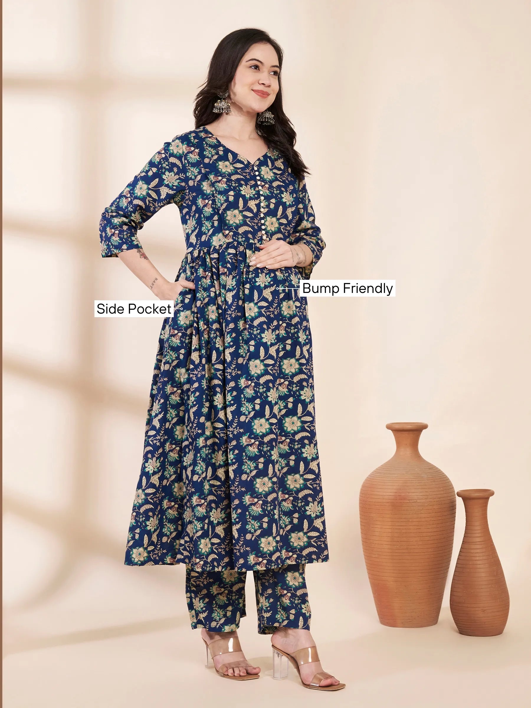 Blue Floral Cotton Maternity Kurta with Trouser and Dupatta