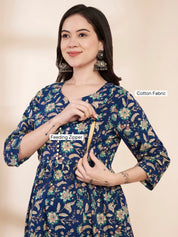 Blue Floral Cotton Maternity Kurta with Trouser and Dupatta