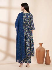 Blue Floral Cotton Maternity Kurta with Trouser and Dupatta