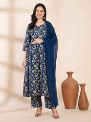 Blue Floral Cotton Maternity Kurta with Trouser and Dupatta