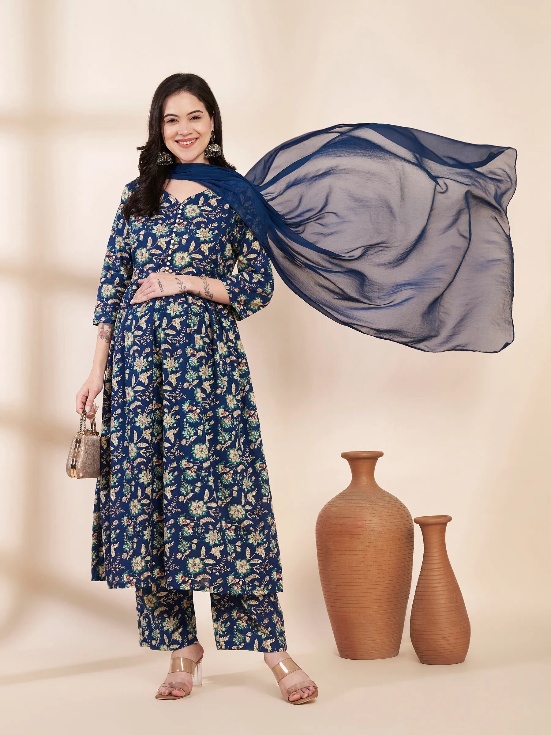 Blue Floral Cotton Maternity Kurta with Trouser and Dupatta