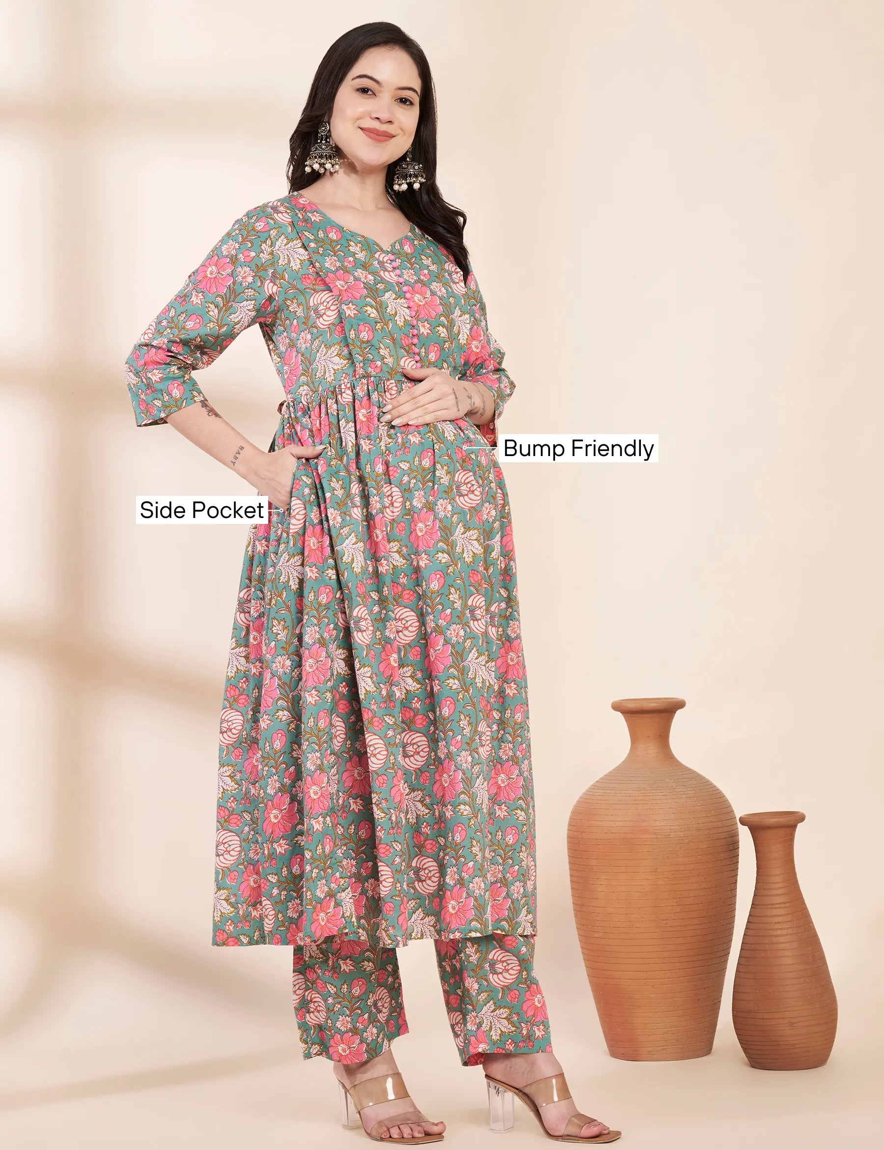 Green Floral Cotton Maternity Kurta with Trouser and Dupatta
