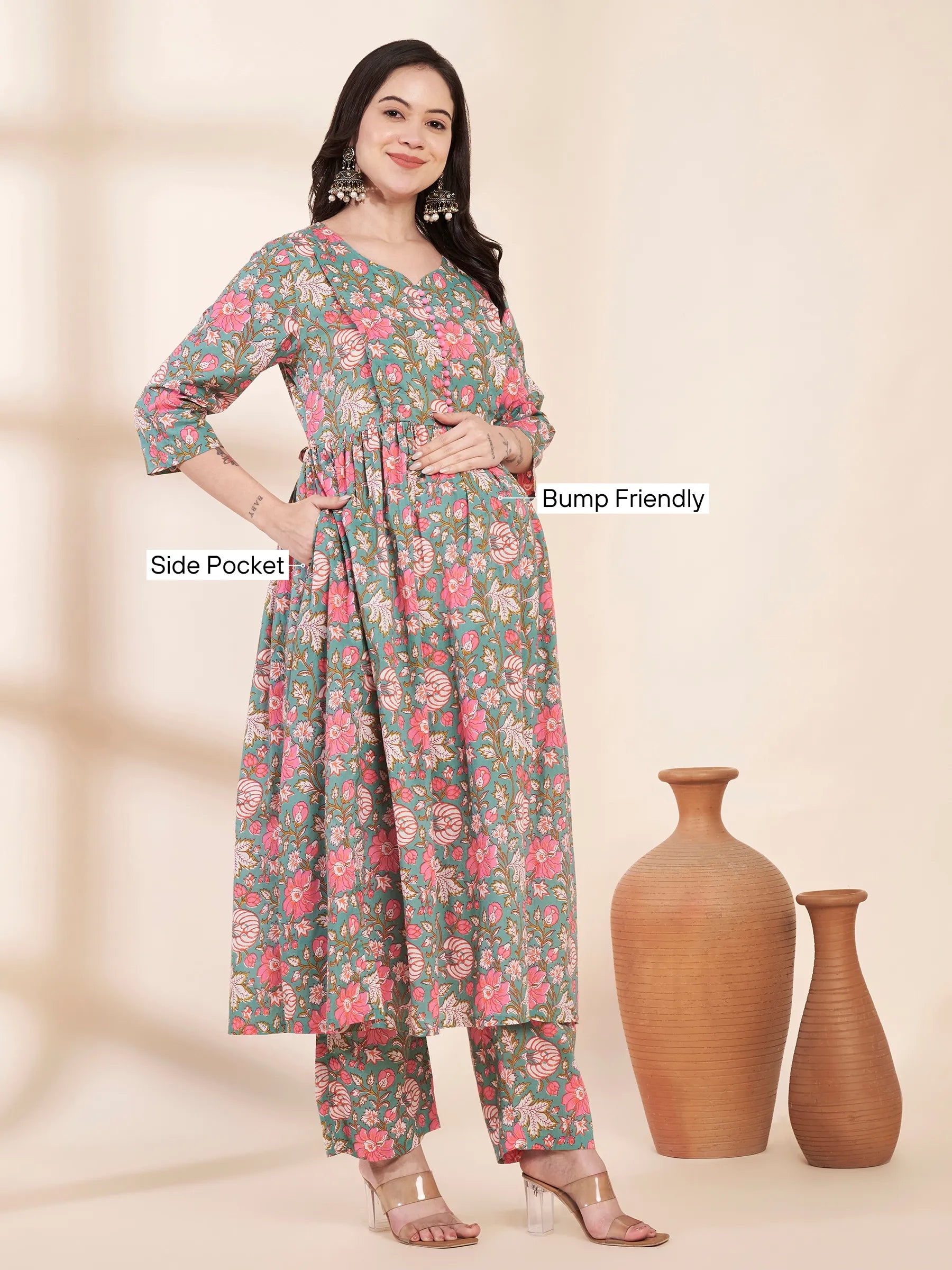 Green Floral Cotton Maternity Kurta with Trouser and Dupatta