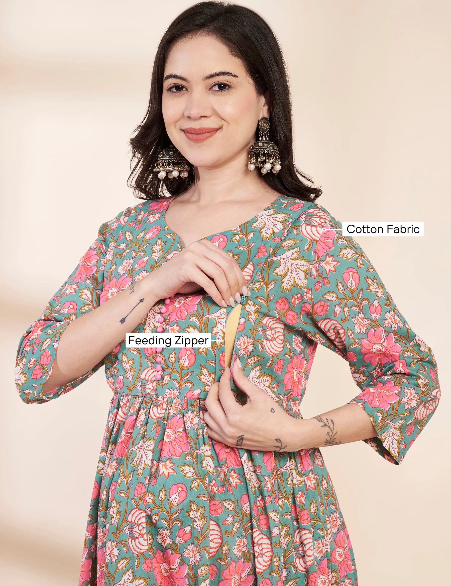 Green Floral Cotton Maternity Kurta with Trouser and Dupatta