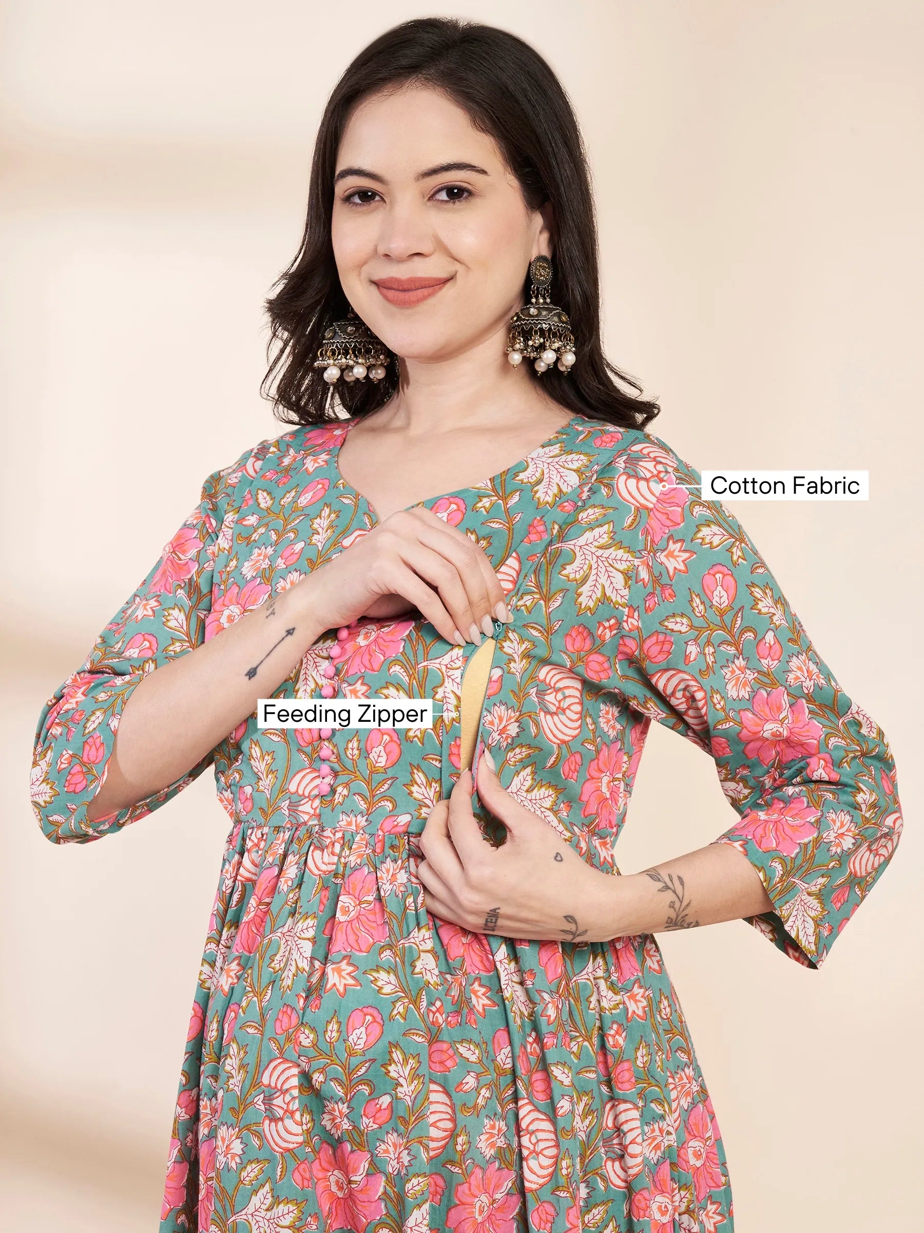 Green Floral Cotton Maternity Kurta with Trouser and Dupatta