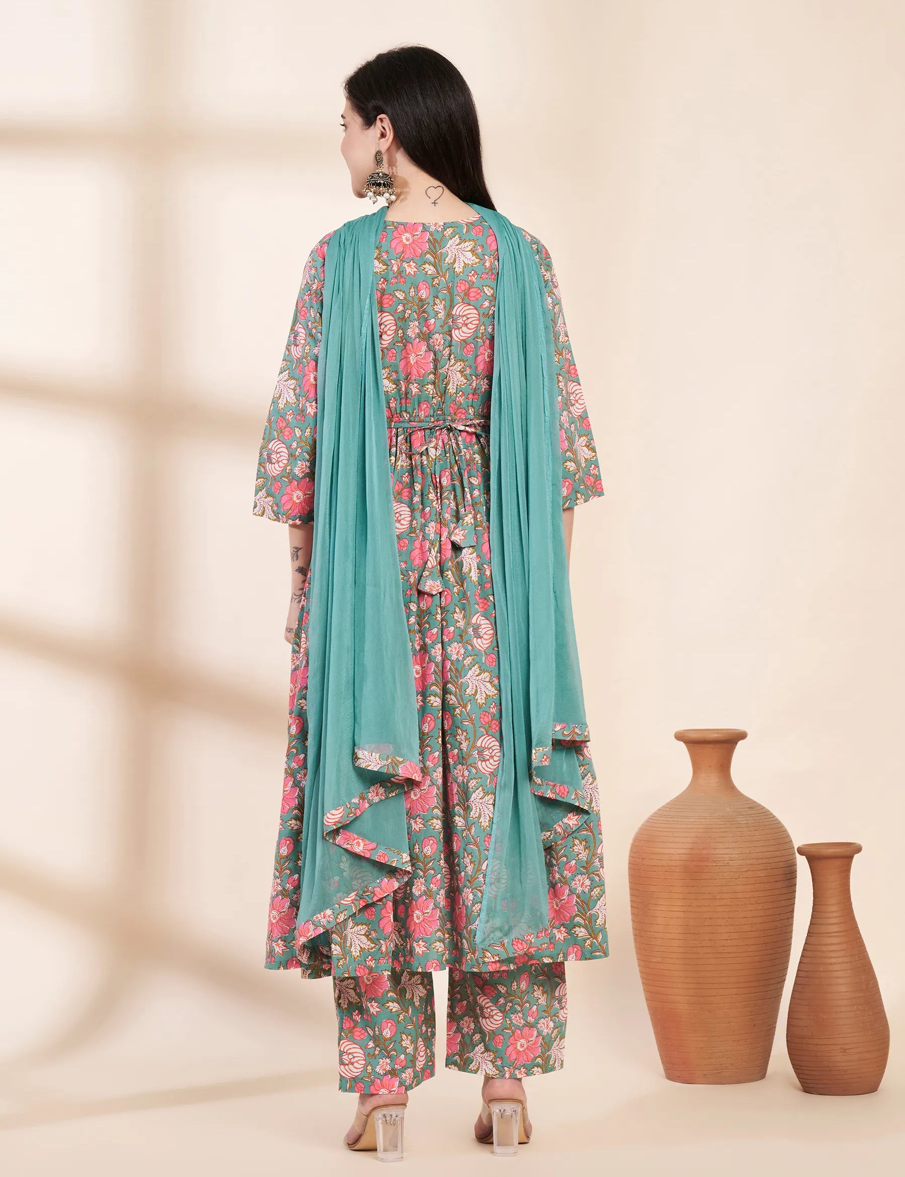Green Floral Cotton Maternity Kurta with Trouser and Dupatta