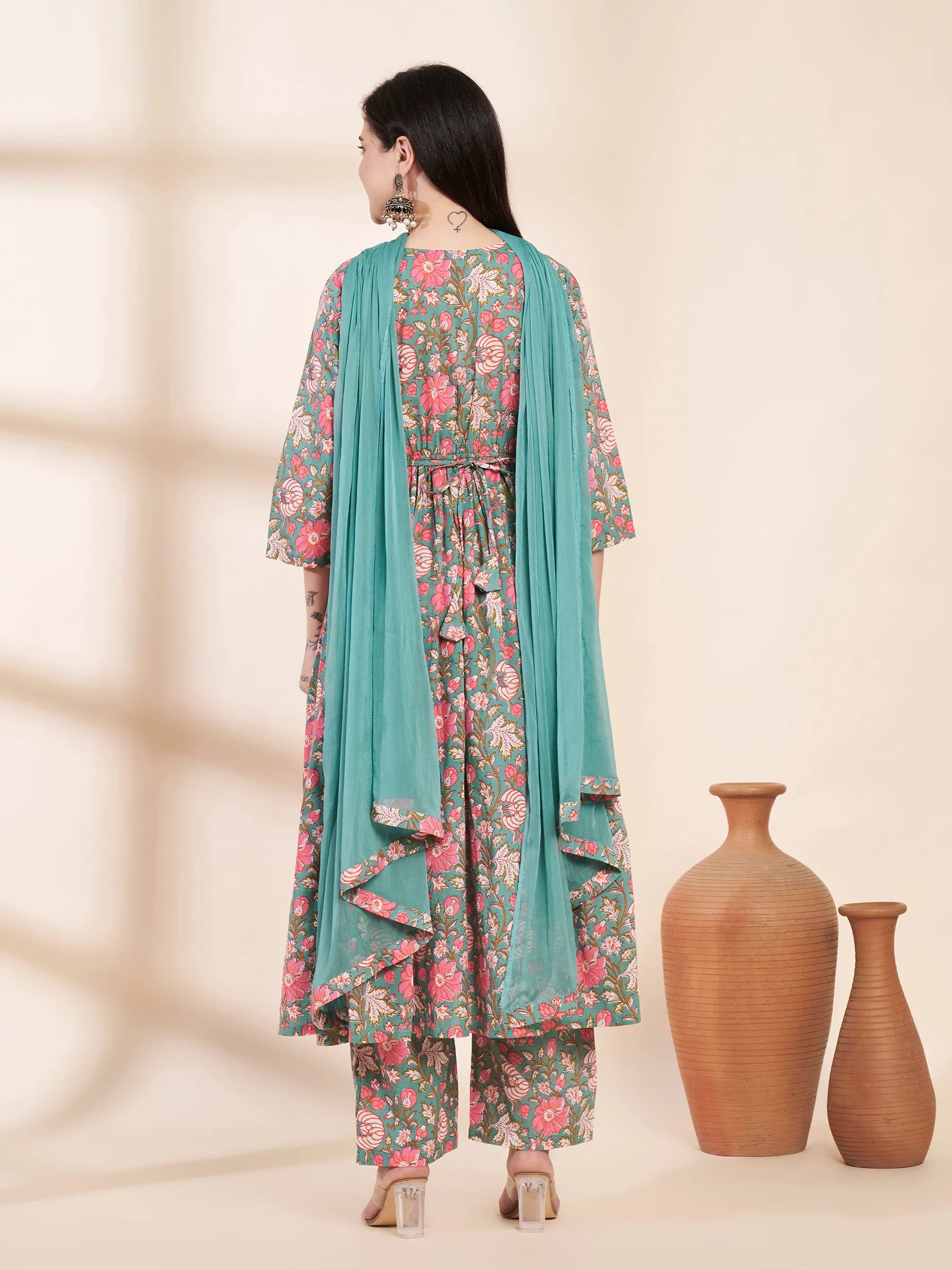 Green Floral Cotton Maternity Kurta with Trouser and Dupatta