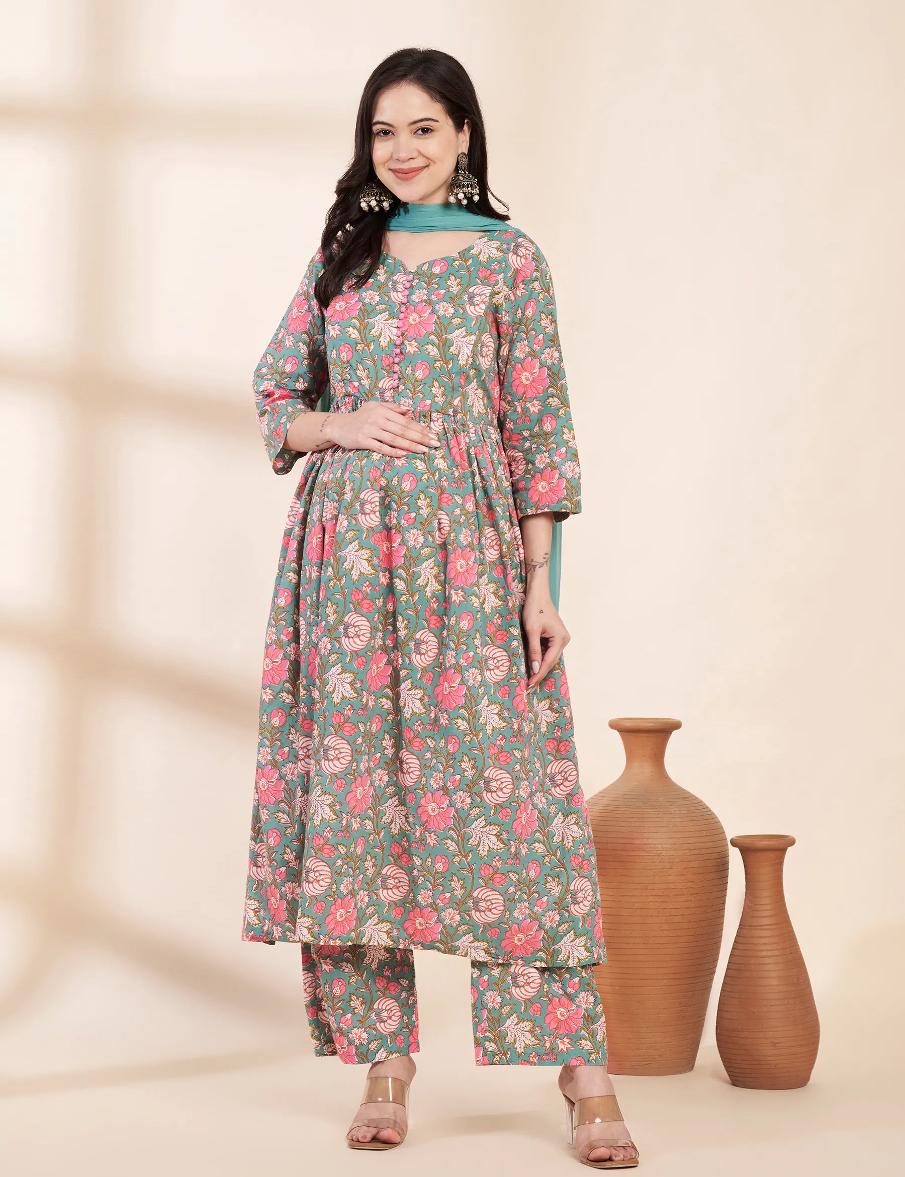 Green Floral Cotton Maternity Kurta with Trouser and Dupatta