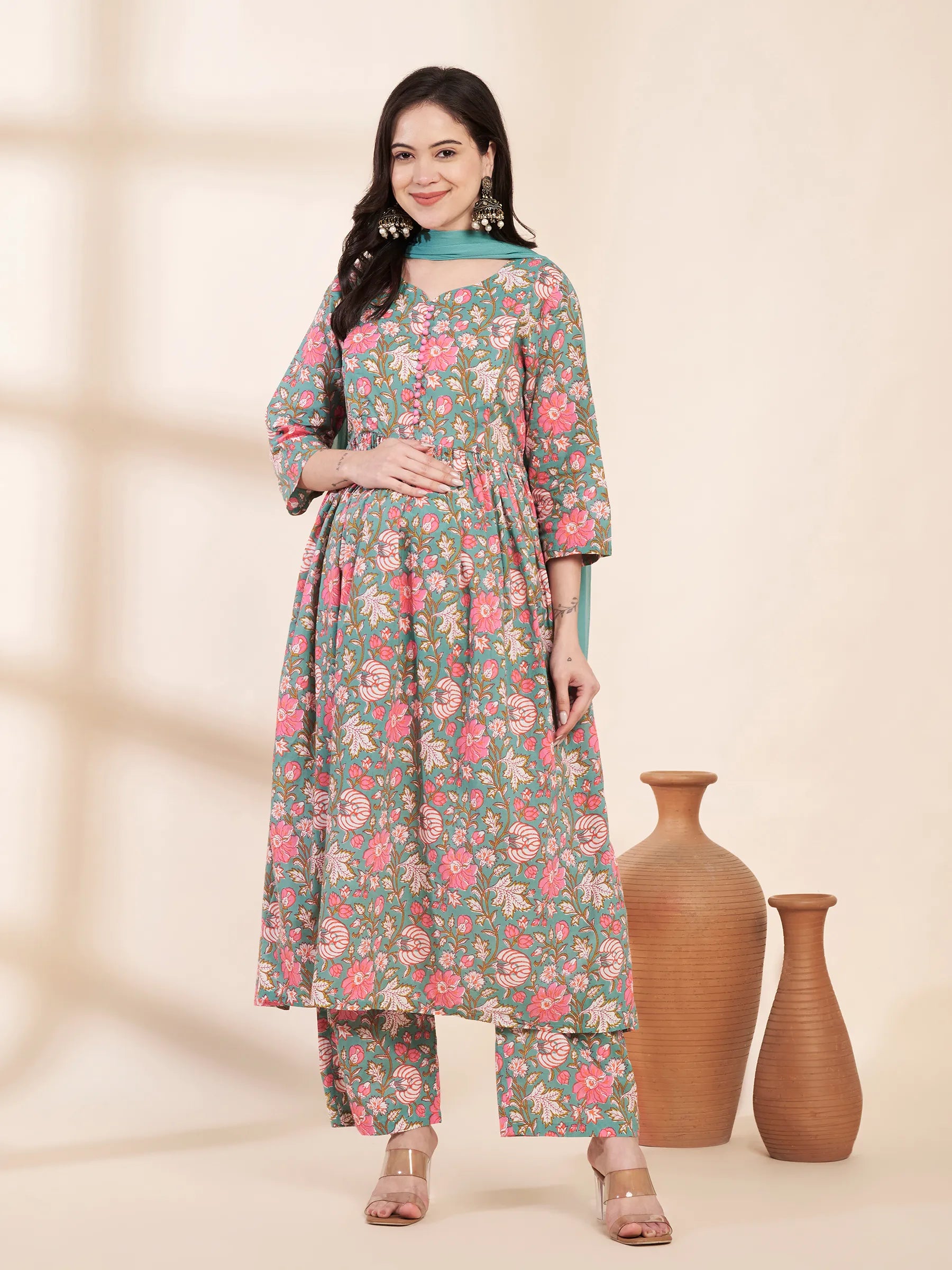 Green Floral Cotton Maternity Kurta with Trouser and Dupatta