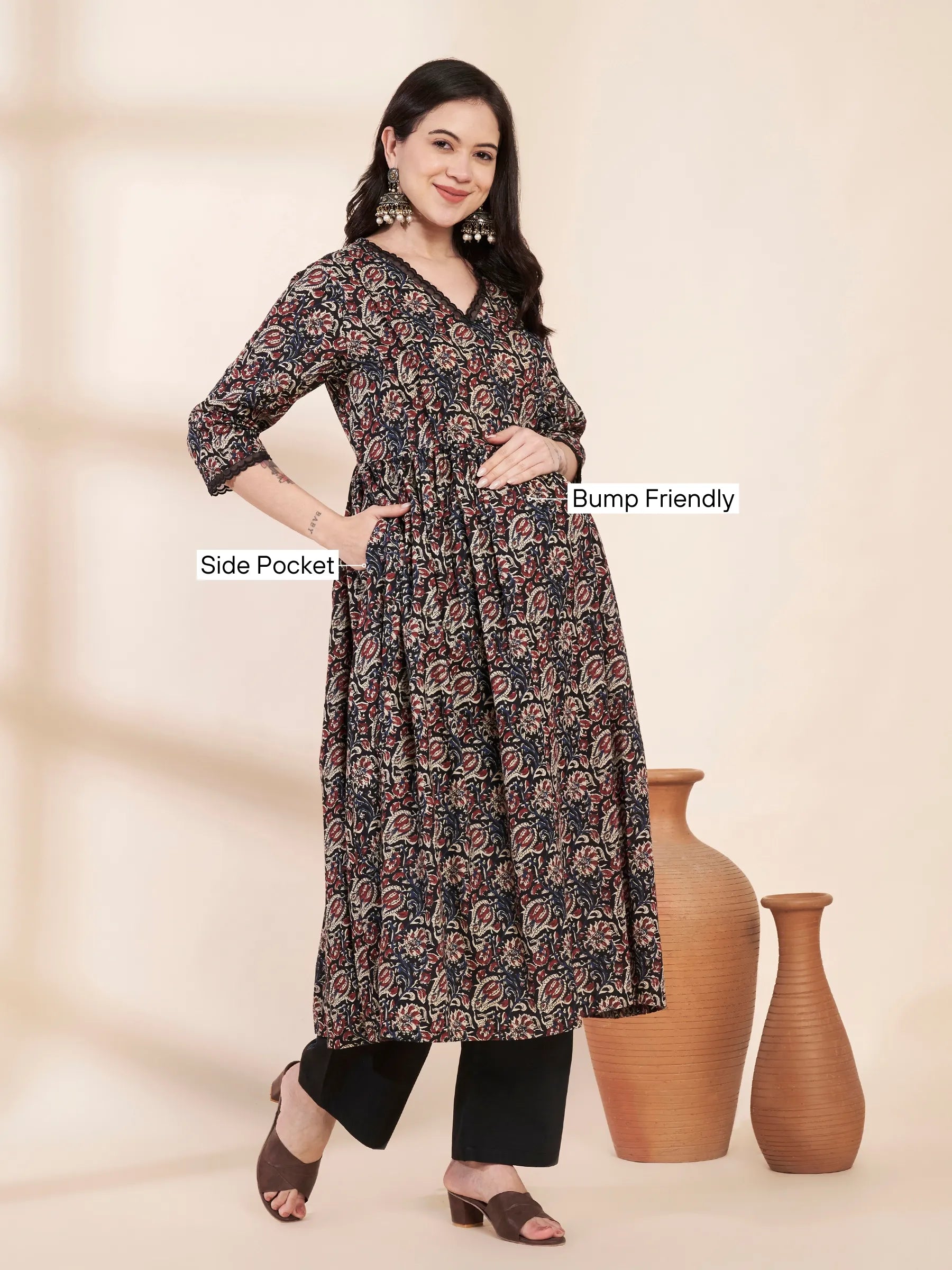 Black Floral Cotton Maternity Kurta with Trouser and Dupatta
