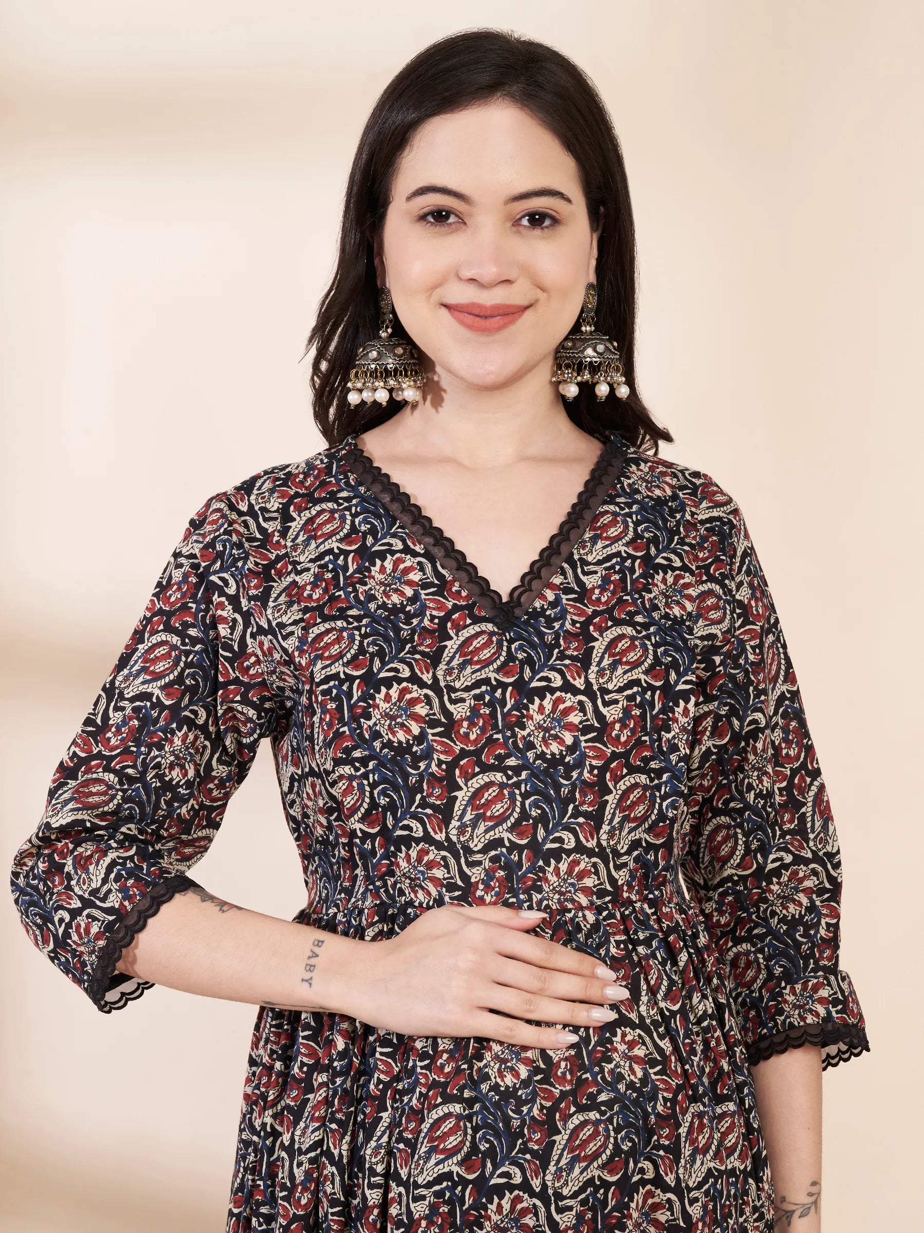 Black Floral Cotton Maternity Kurta with Trouser and Dupatta