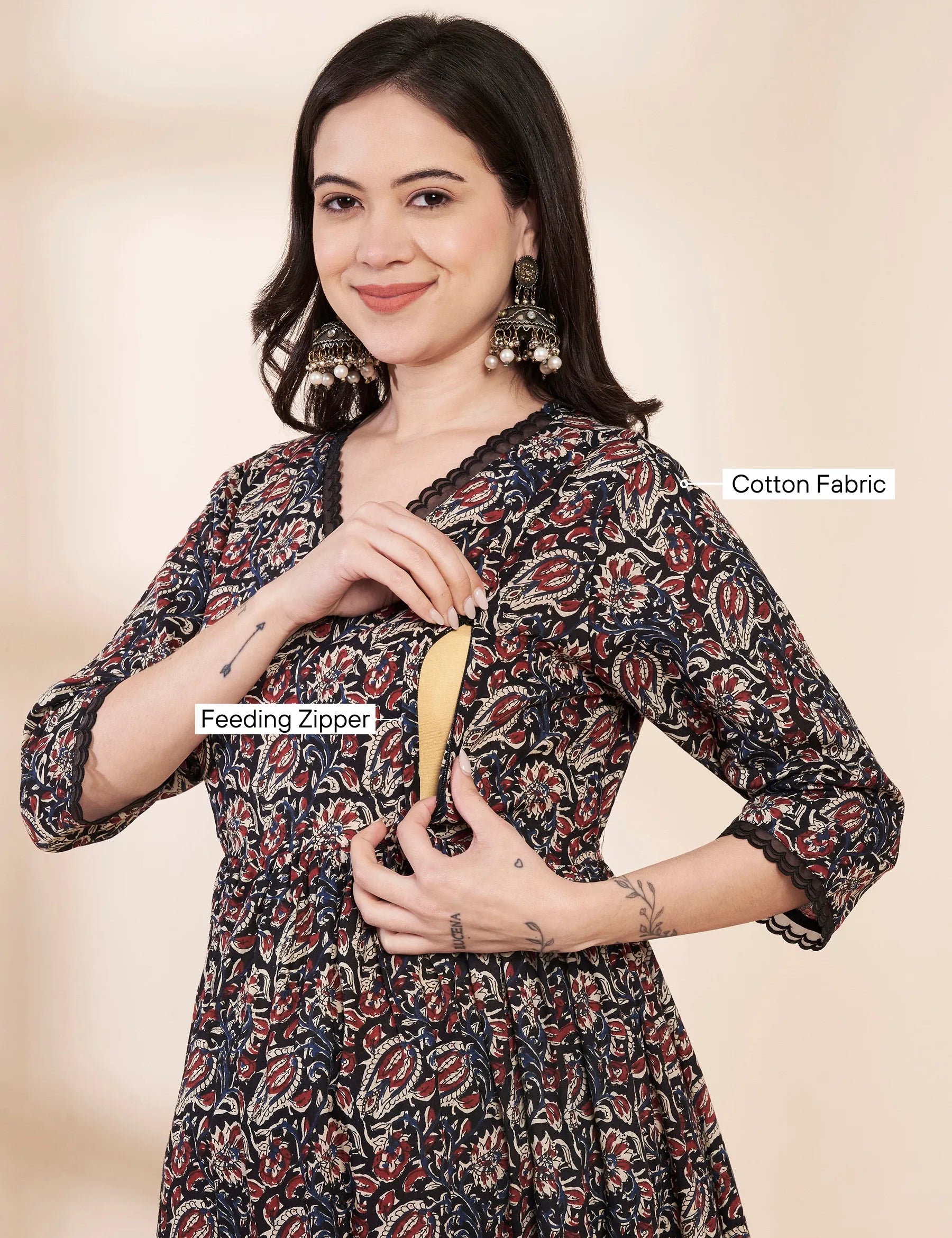 Black Floral Cotton Maternity Kurta with Trouser and Dupatta