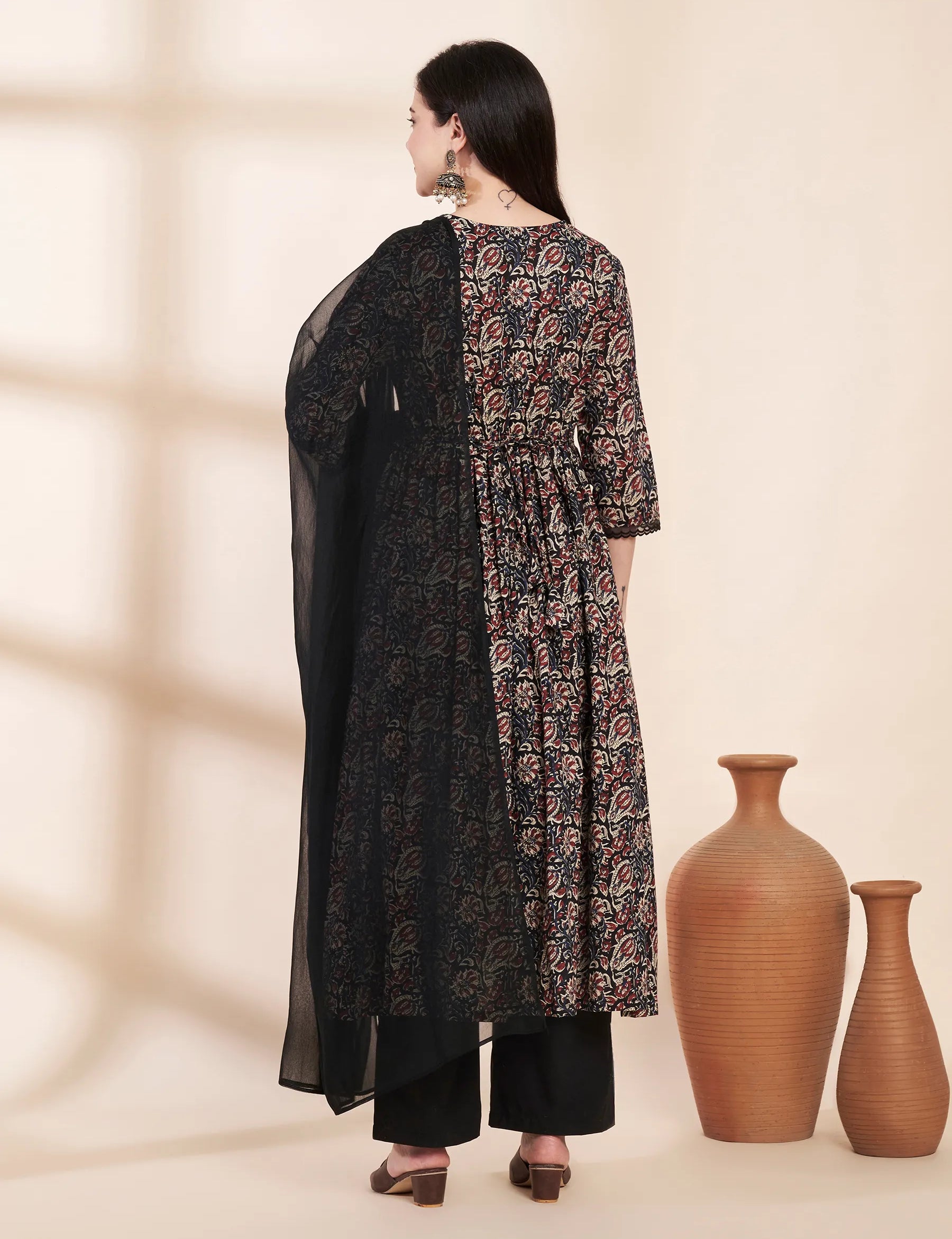 Black Floral Cotton Maternity Kurta with Trouser and Dupatta