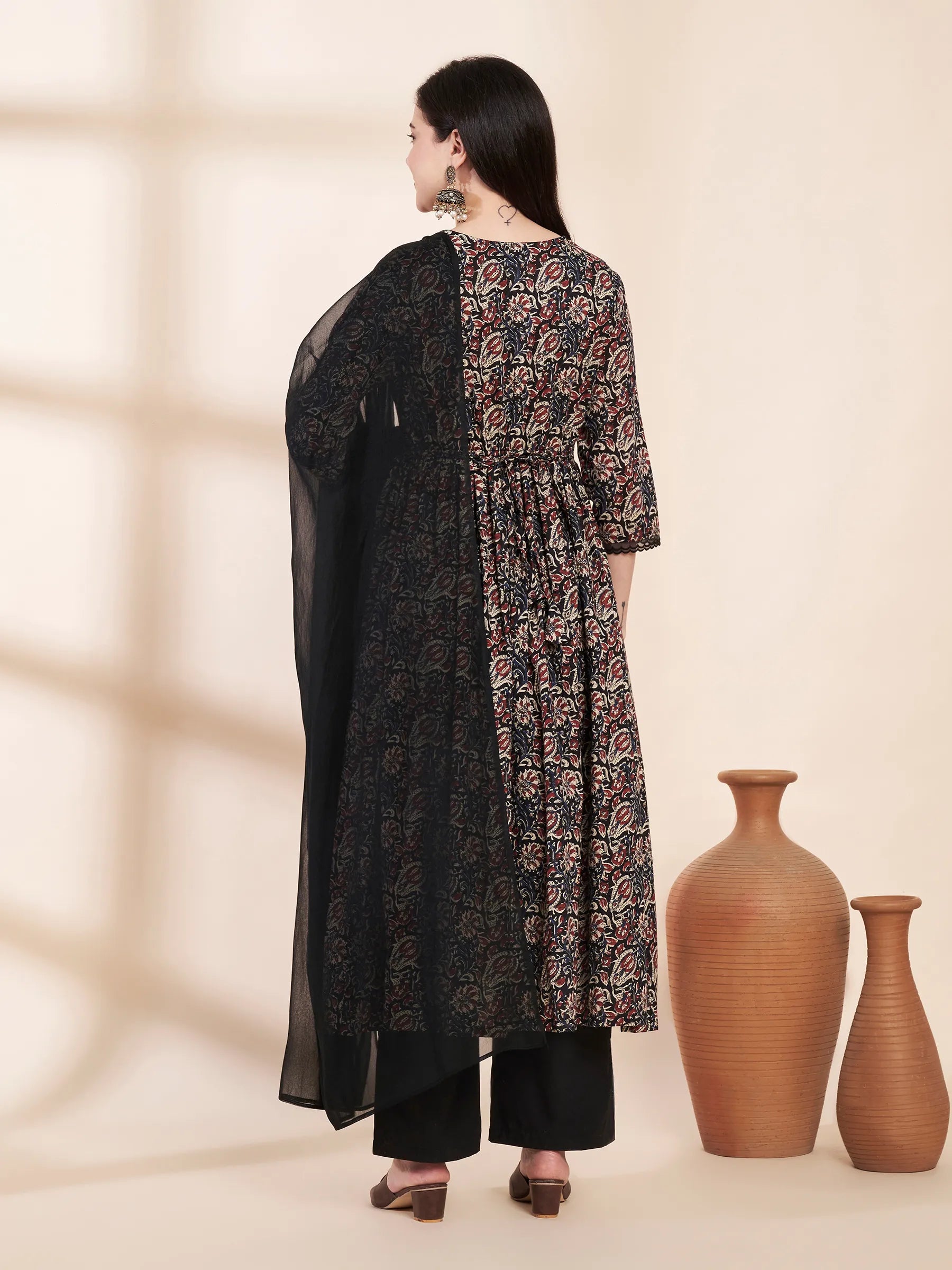 Black Floral Cotton Maternity Kurta with Trouser and Dupatta