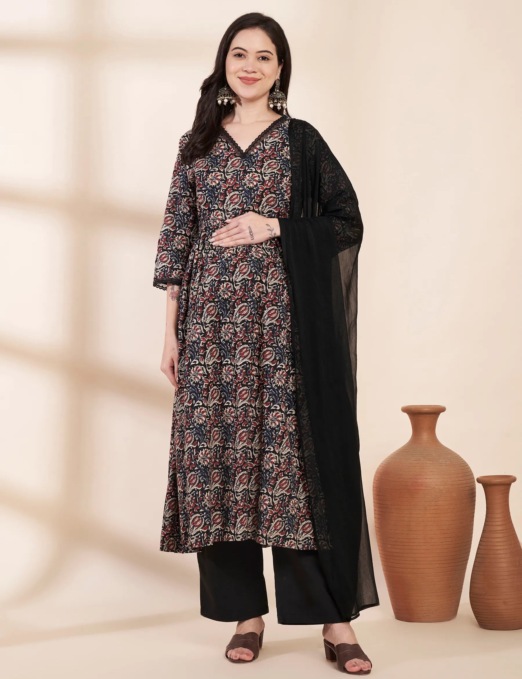 Black Floral Cotton Maternity Kurta with Trouser and Dupatta