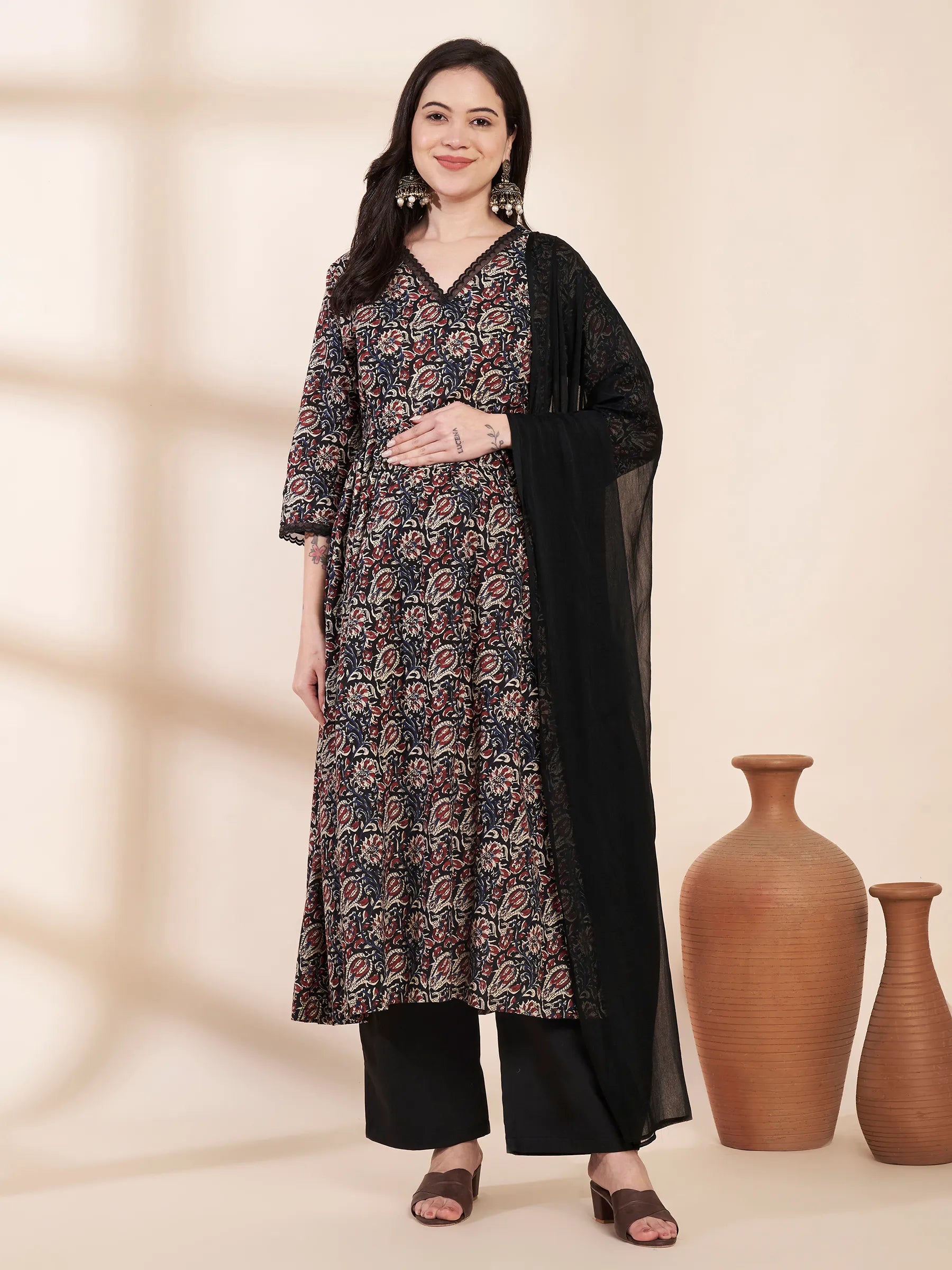 Black Floral Cotton Maternity Kurta with Trouser and Dupatta