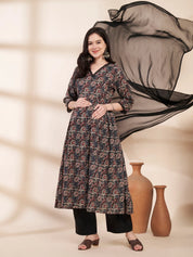 Black Floral Cotton Maternity Kurta with Trouser and Dupatta