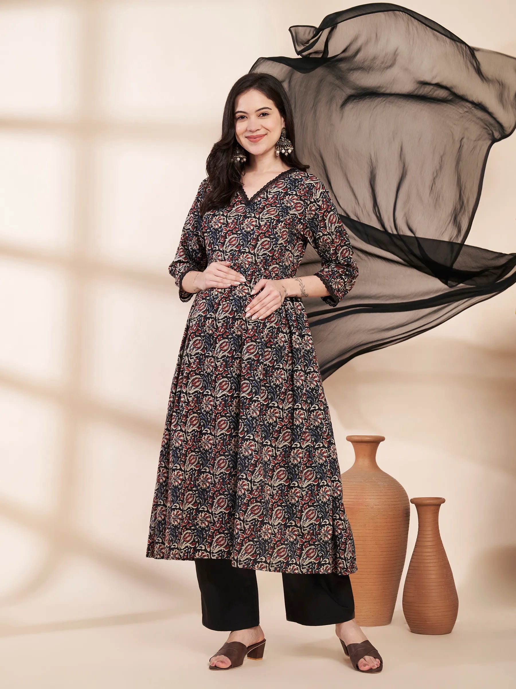 Black Floral Cotton Maternity Kurta with Trouser and Dupatta
